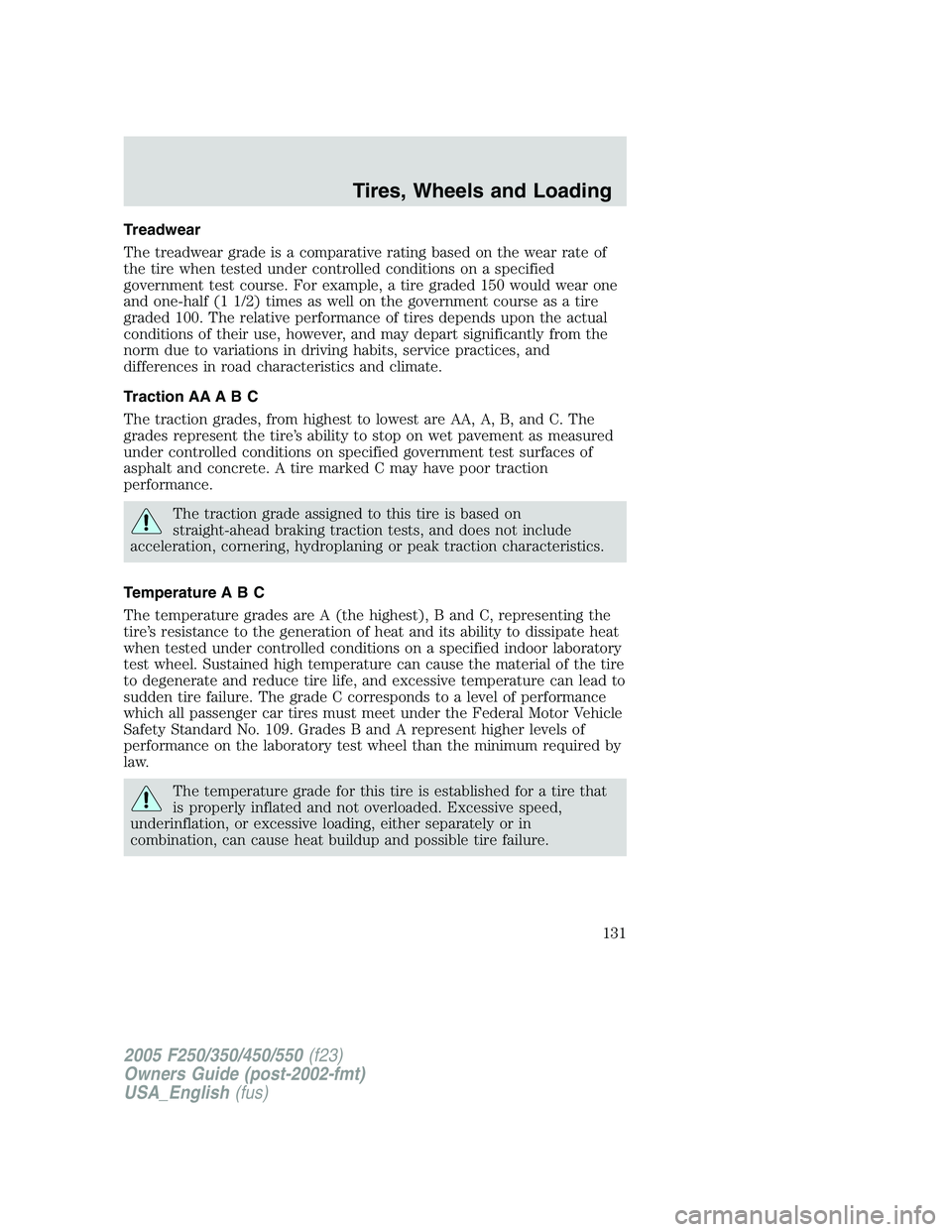 FORD F250 2005 Owners Manual Treadwear
The treadwear grade is a comparative rating based on the wear rate of
the tire when tested under controlled conditions on a specified
government test course. For example, a tire graded 150 w FORD F250 2005 Owners Manual Treadwear
The treadwear grade is a comparative rating based on the wear rate of
the tire when tested under controlled conditions on a specified
government test course. For example, a tire graded 150 w