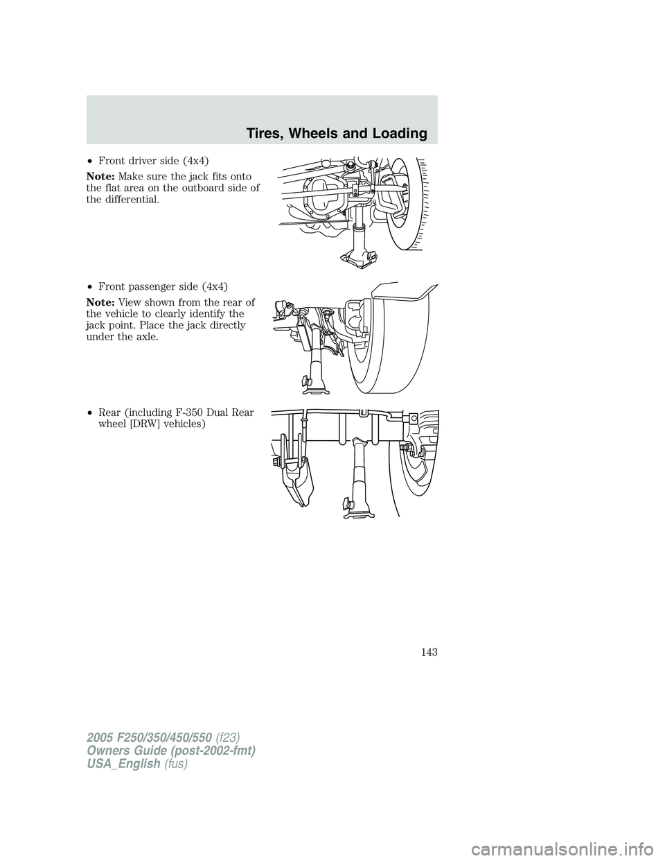 FORD F250 2005  Owners Manual •Front driver side (4x4)
Note:Make sure the jack fits onto
the flat area on the outboard side of
the differential.
•Front passenger side (4x4)
Note:View shown from the rear of
the vehicle to clear