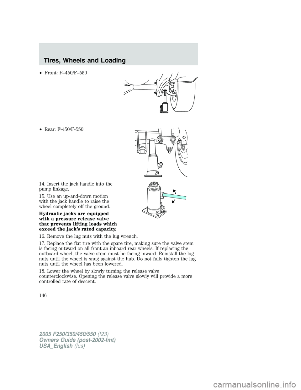 FORD F250 2005  Owners Manual •Front: F–450/F–550
•Rear: F-450/F-550
14. Insert the jack handle into the
pump linkage.
15. Use an up-and-down motion
with the jack handle to raise the
wheel completely off the ground.
Hydrau