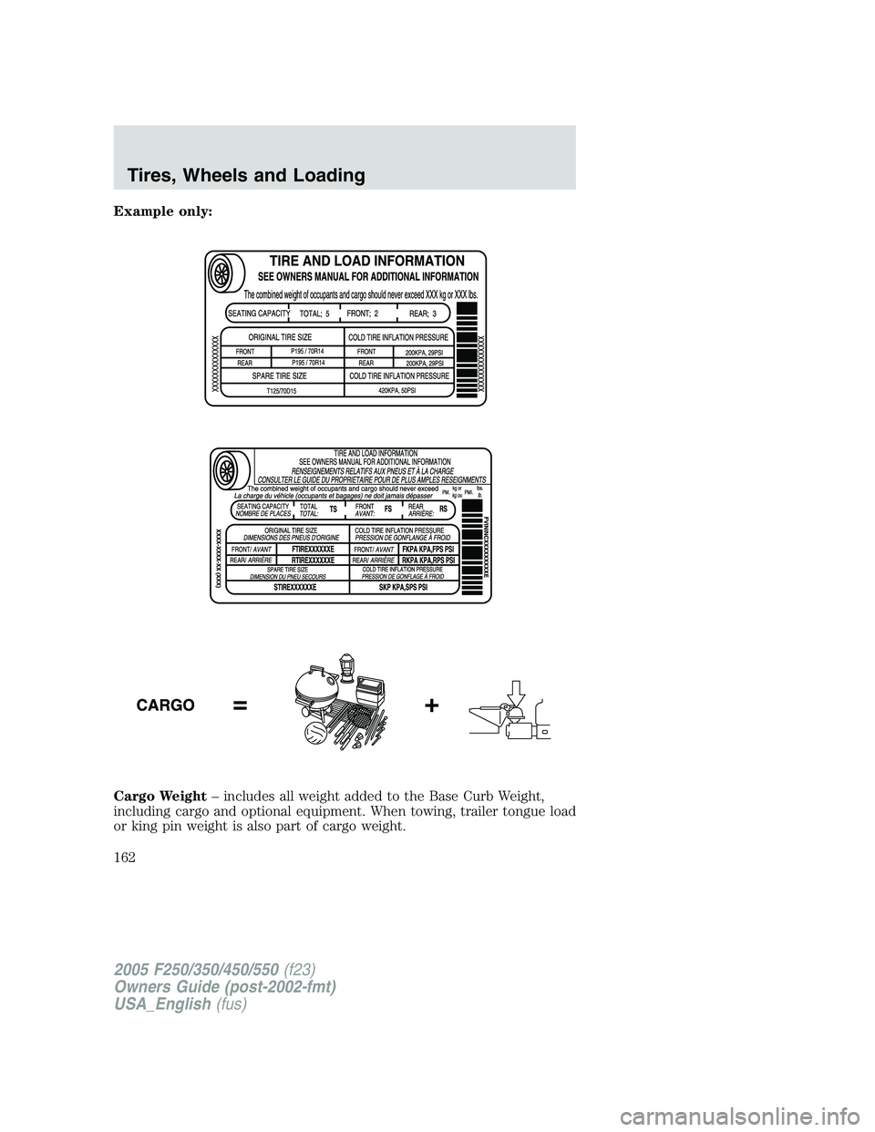 FORD F250 2005  Owners Manual Example only:
Cargo Weight– includes all weight added to the Base Curb Weight,
including cargo and optional equipment. When towing, trailer tongue load
or king pin weight is also part of cargo weigh