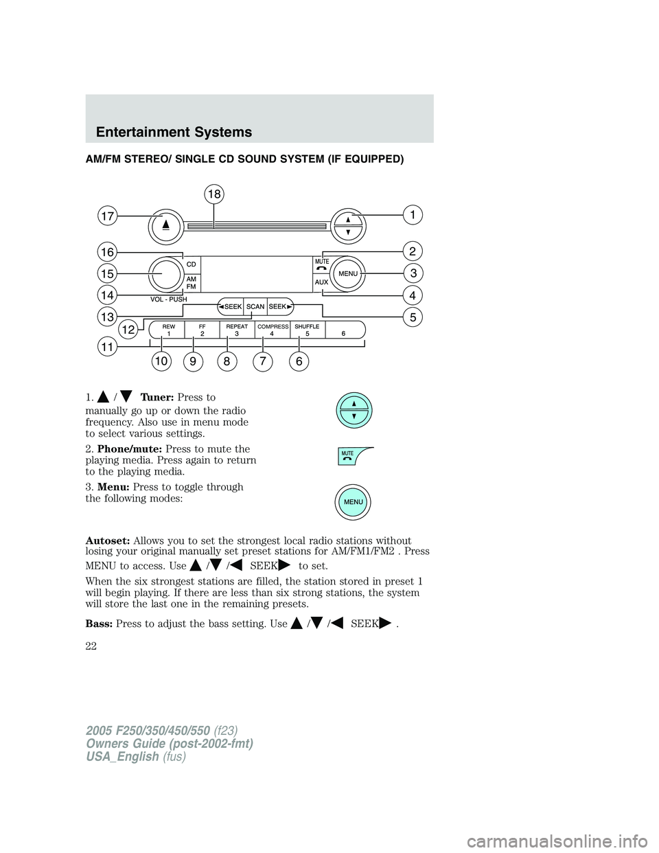 FORD F250 2005  Owners Manual AM/FM STEREO/ SINGLE CD SOUND SYSTEM (IF EQUIPPED)
1.
/Tuner:Press to
manually go up or down the radio
frequency. Also use in menu mode
to select various settings.
2.Phone/mute:Press to mute the
playi