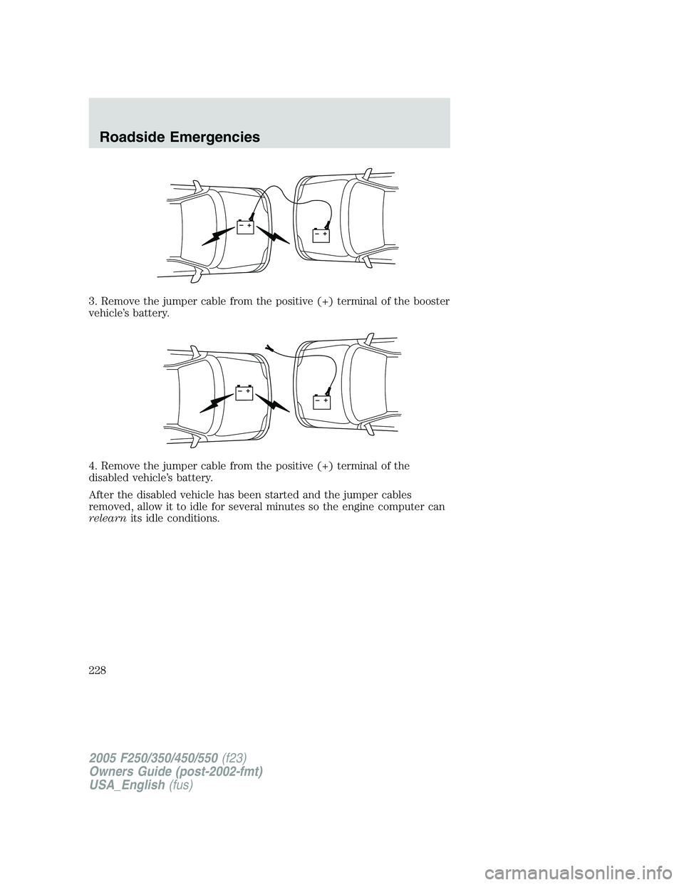 FORD F250 2005  Owners Manual 3. Remove the jumper cable from the positive (+) terminal of the booster
vehicle’s battery.
4. Remove the jumper cable from the positive (+) terminal of the
disabled vehicle’s battery.
After the d