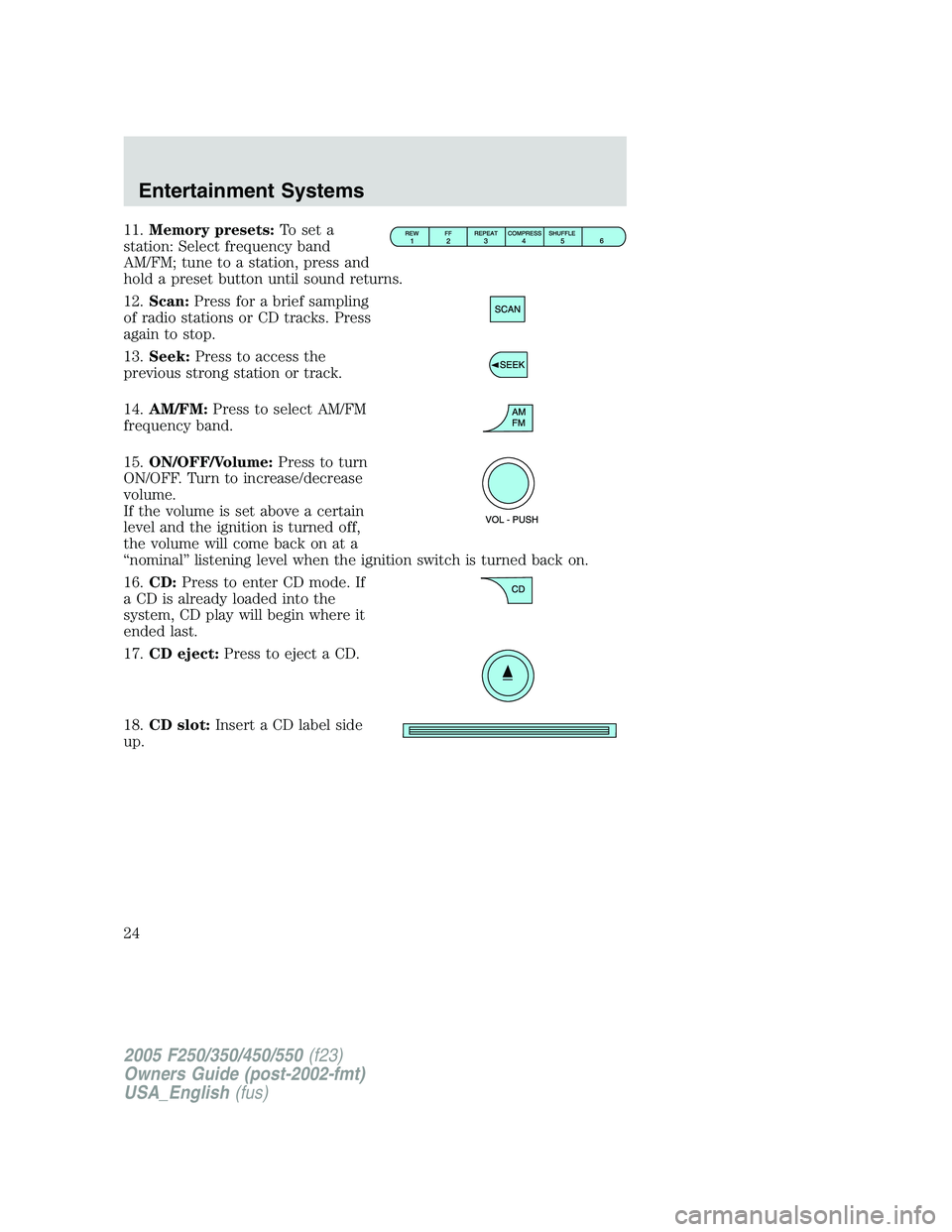 FORD F250 2005  Owners Manual 11.Memory presets:To set a
station: Select frequency band
AM/FM; tune to a station, press and
hold a preset button until sound returns.
12.Scan:Press for a brief sampling
of radio stations or CD track