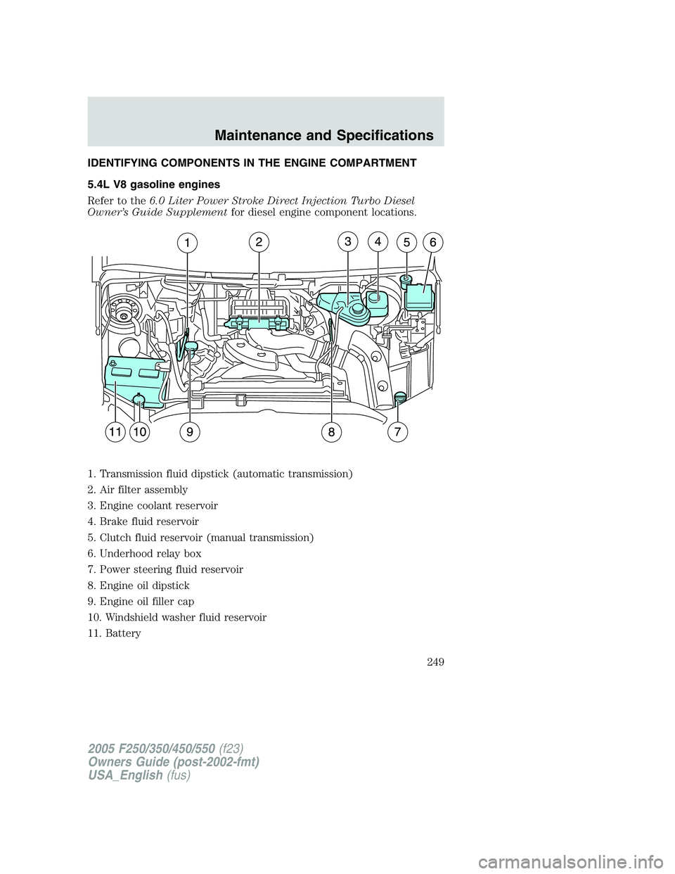 FORD F250 2005  Owners Manual IDENTIFYING COMPONENTS IN THE ENGINE COMPARTMENT
5.4L V8 gasoline engines
Refer to the6.0 Liter Power Stroke Direct Injection Turbo Diesel
Owner’s Guide Supplementfor diesel engine component locatio