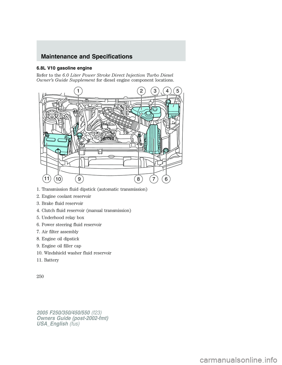 FORD F250 2005  Owners Manual 6.8L V10 gasoline engine
Refer to the6.0 Liter Power Stroke Direct Injection Turbo Diesel
Owner’s Guide Supplementfor diesel engine component locations.
1. Transmission fluid dipstick (automatic tra