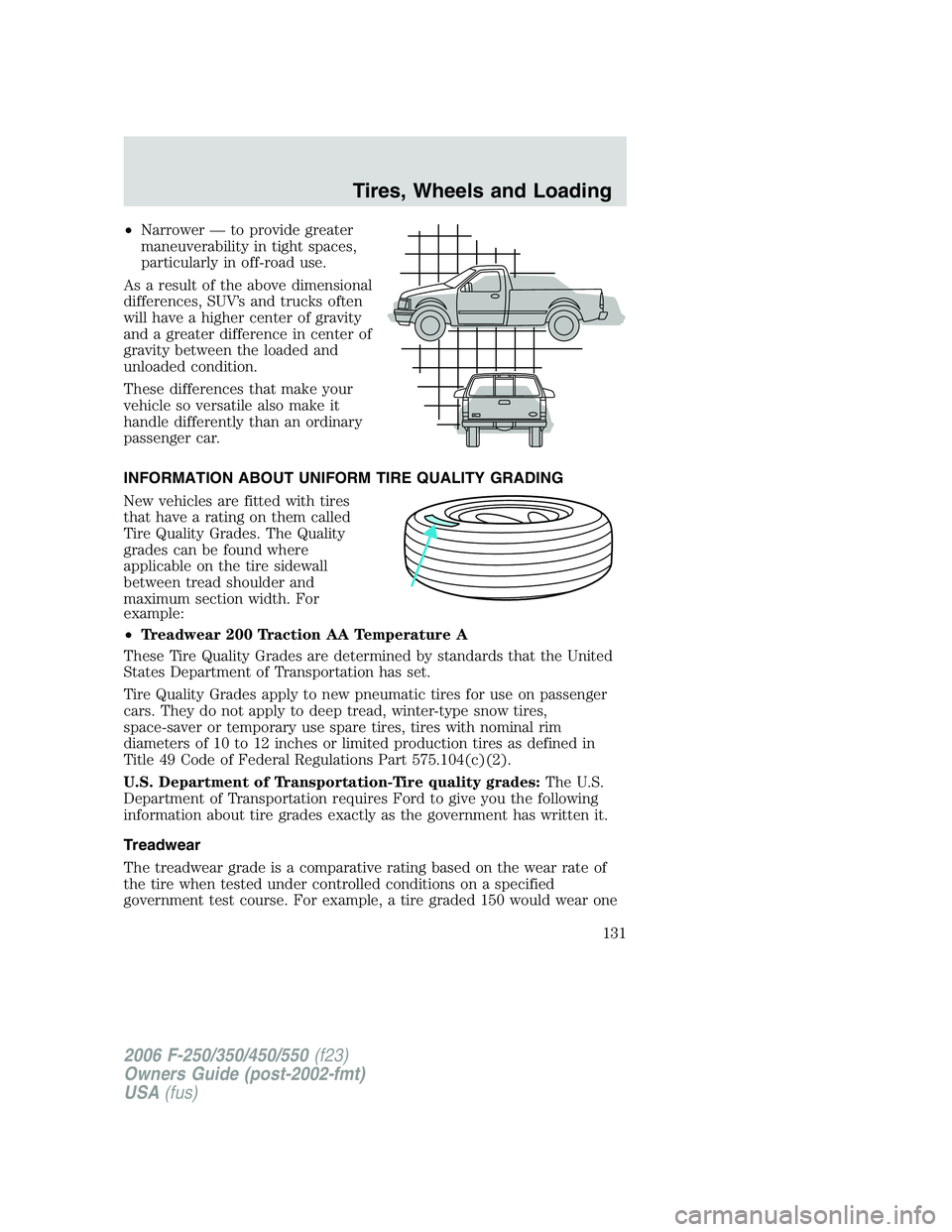 FORD F250 2006 Owners Manual •Narrower — to provide greater
maneuverability in tight spaces,
particularly in off-road use.
As a result of the above dimensional
differences, SUV’s and trucks often
will have a higher center o FORD F250 2006 Owners Manual •Narrower — to provide greater
maneuverability in tight spaces,
particularly in off-road use.
As a result of the above dimensional
differences, SUV’s and trucks often
will have a higher center o