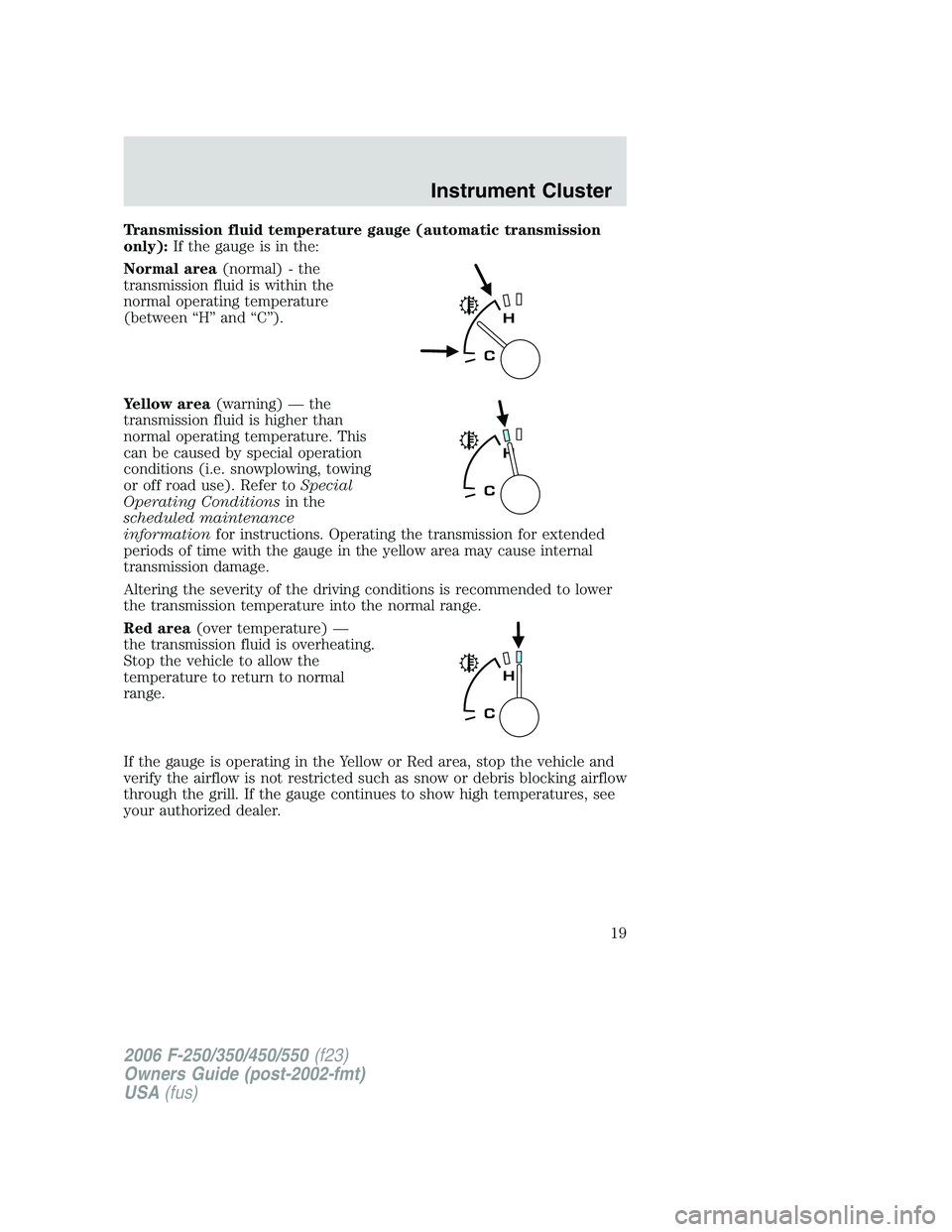 FORD F250 2006  Owners Manual Transmission fluid temperature gauge (automatic transmission
only):If the gauge is in the:
Normal area(normal) - the
transmission fluid is within the
normal operating temperature
(between “H” and 