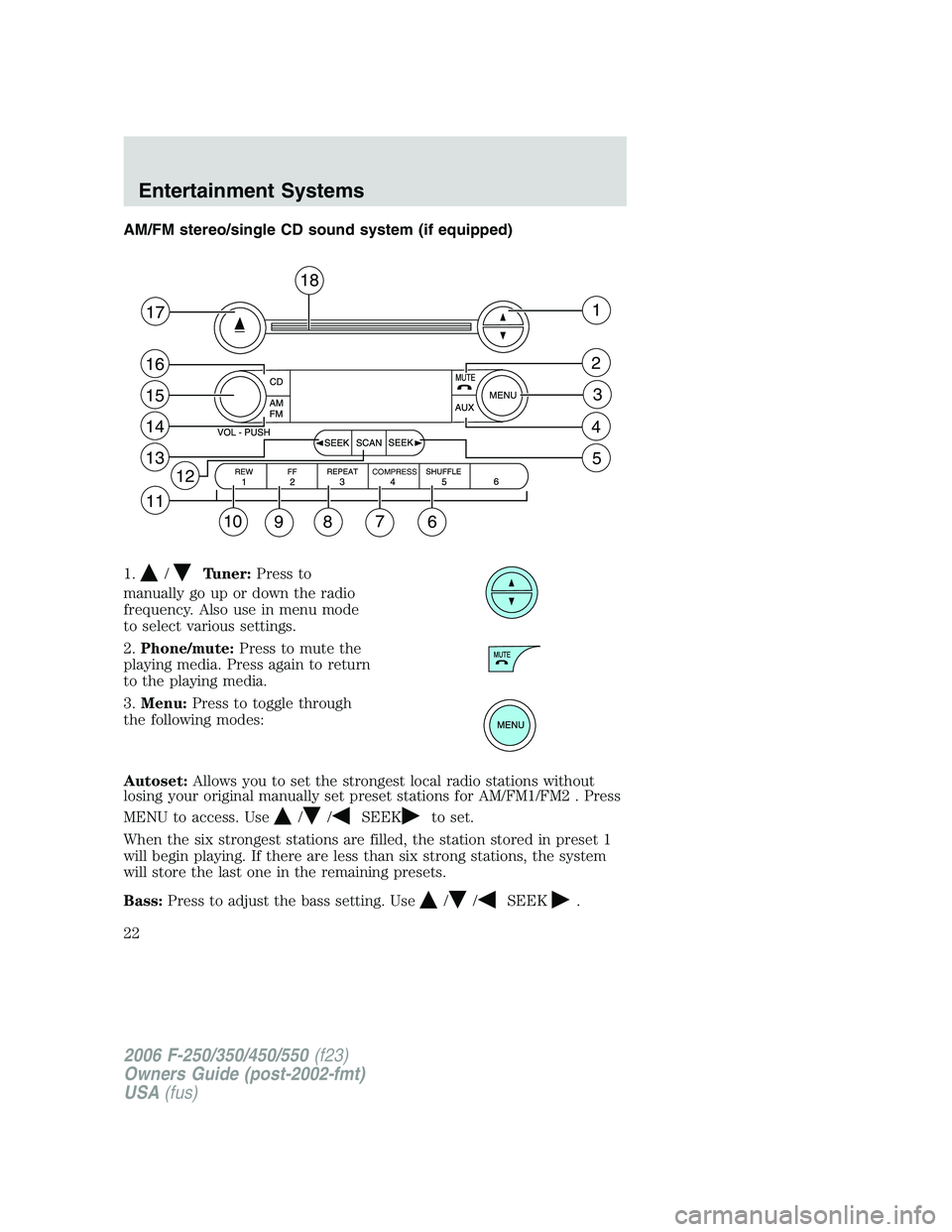 FORD F250 2006  Owners Manual AM/FM stereo/single CD sound system (if equipped)
1.
/Tuner:Press to
manually go up or down the radio
frequency. Also use in menu mode
to select various settings.
2.Phone/mute:Press to mute the
playin