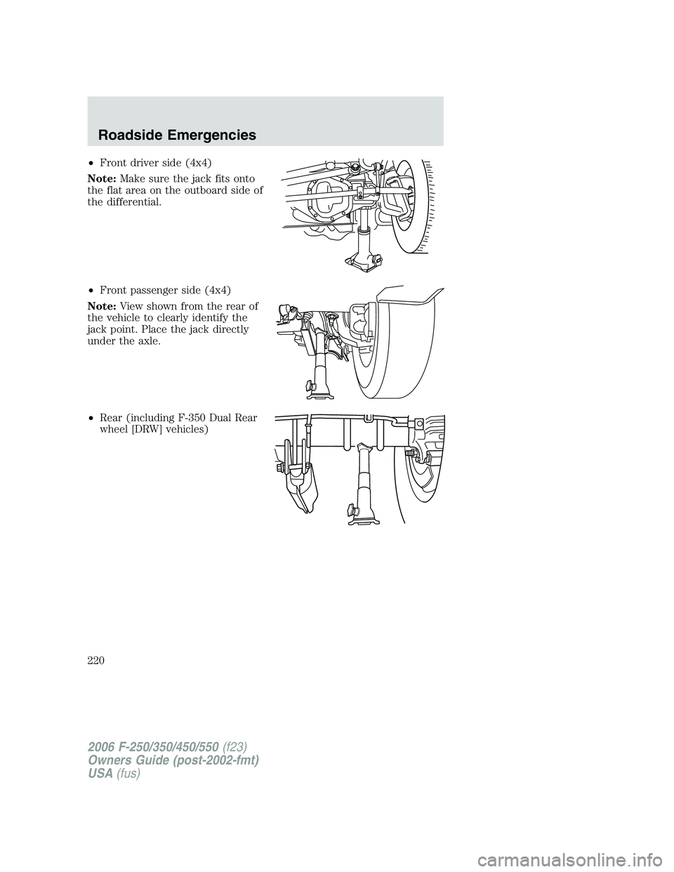 FORD F250 2006  Owners Manual •Front driver side (4x4)
Note:Make sure the jack fits onto
the flat area on the outboard side of
the differential.
•Front passenger side (4x4)
Note:View shown from the rear of
the vehicle to clear