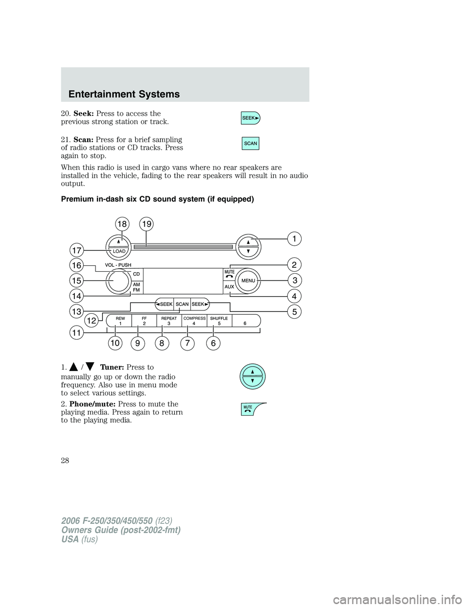 FORD F250 2006  Owners Manual 20.Seek:Press to access the
previous strong station or track.
21.Scan:Press for a brief sampling
of radio stations or CD tracks. Press
again to stop.
When this radio is used in cargo vans where no rea