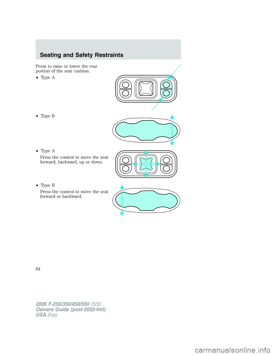 FORD F250 2006  Owners Manual Press to raise or lower the rear
portion of the seat cushion.
•Type A
•Type B
•Type A
Press the control to move the seat
forward, backward, up or down.
•Type B
Press the control to move the se