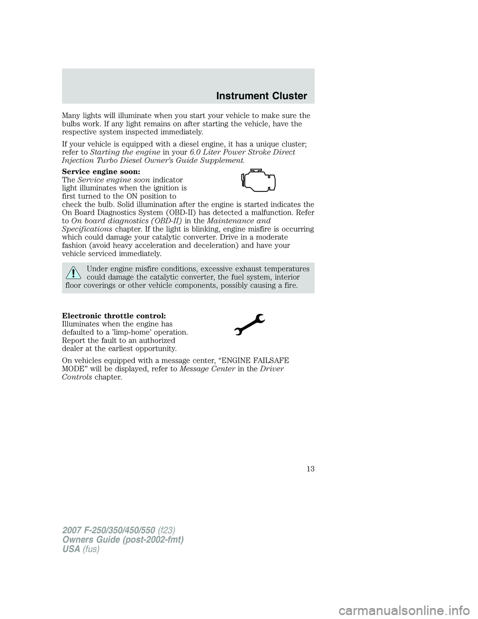 FORD F250 2007  Owners Manual Many lights will illuminate when you start your vehicle to make sure the
bulbs work. If any light remains on after starting the vehicle, have the
respective system inspected immediately.
If your vehic