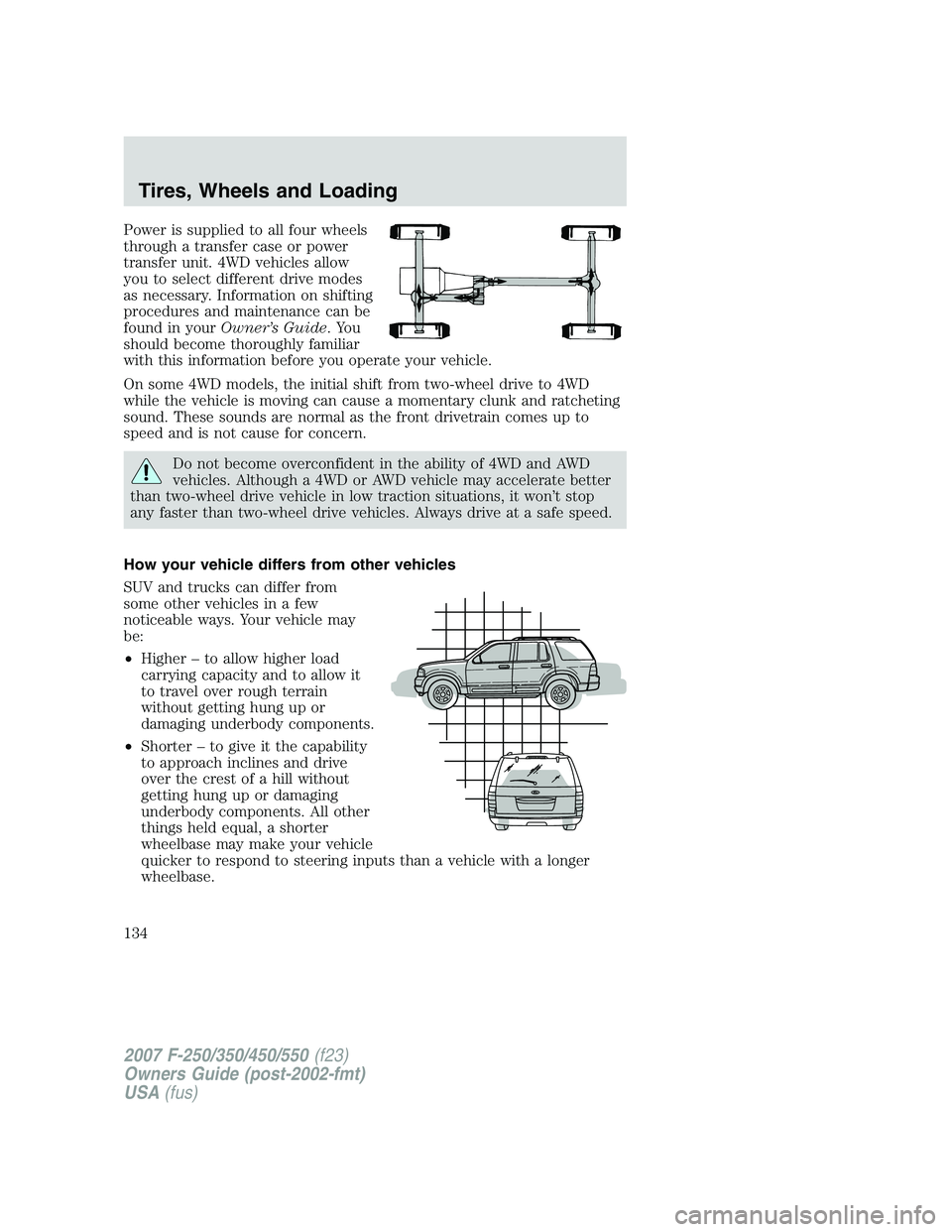 FORD F250 2007  Owners Manual Power is supplied to all four wheels
through a transfer case or power
transfer unit. 4WD vehicles allow
you to select different drive modes
as necessary. Information on shifting
procedures and mainten