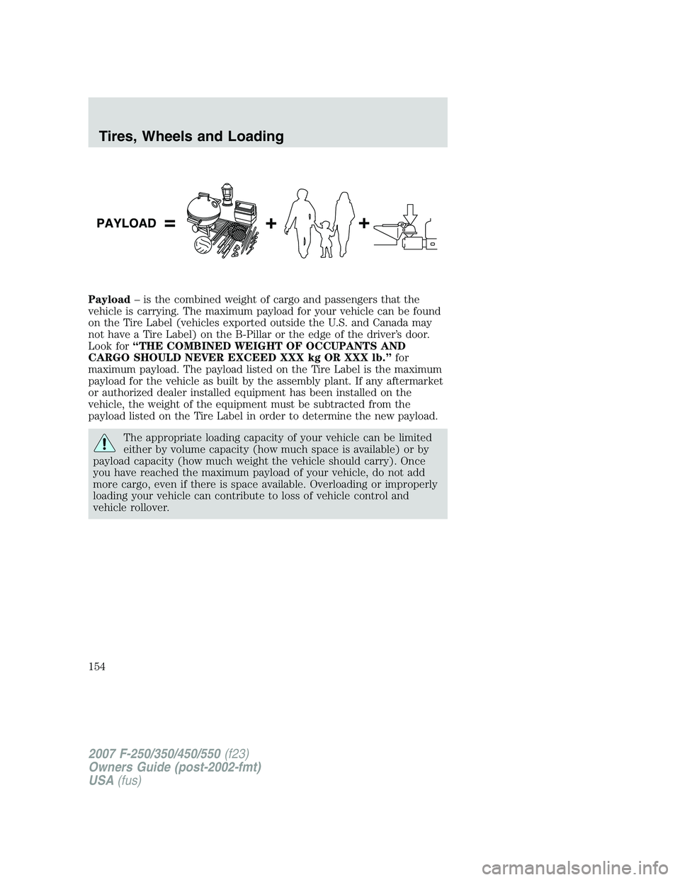 FORD F250 2007  Owners Manual Payload– is the combined weight of cargo and passengers that the
vehicle is carrying. The maximum payload for your vehicle can be found
on the Tire Label (vehicles exported outside the U.S. and Cana
