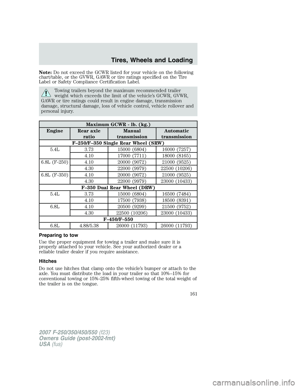 FORD F250 2007  Owners Manual Note:Do not exceed the GCWR listed for your vehicle on the following
chart/table, or the GVWR, GAWR or tire ratings specified on the Tire
Label or Safety Compliance Certification Label.
Towing trailer