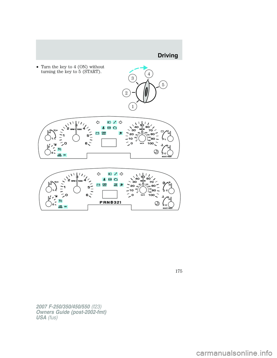 FORD F250 2007  Owners Manual •Turn the key to 4 (ON) without
turning the key to 5 (START).
1
2
34
5
2007 F-250/350/450/550(f23)
Owners Guide (post-2002-fmt)
USA(fus)
Driving
175 