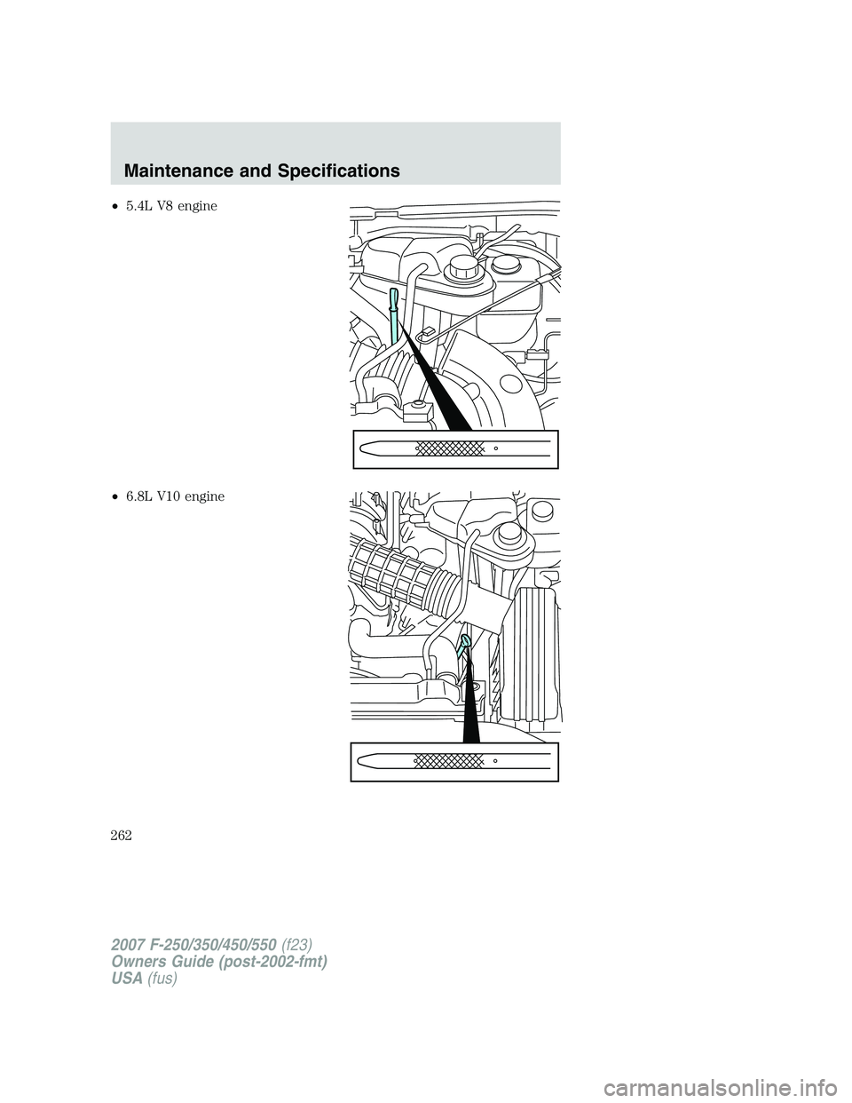 FORD F250 2007  Owners Manual •5.4L V8 engine
•6.8L V10 engine
2007 F-250/350/450/550(f23)
Owners Guide (post-2002-fmt)
USA(fus)
Maintenance and Specifications
262 