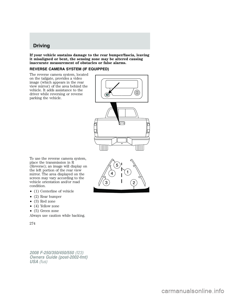 FORD F250 2008  Owners Manual If your vehicle sustains damage to the rear bumper/fascia, leaving
it misaligned or bent, the sensing zone may be altered causing
inaccurate measurement of obstacles or false alarms.
REVERSE CAMERA SY