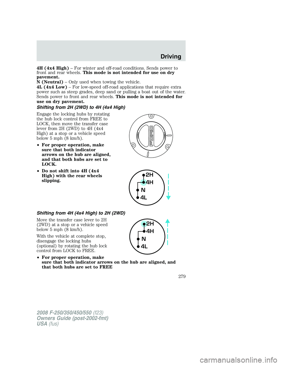 FORD F250 2008  Owners Manual 4H (4x4 High)– For winter and off-road conditions. Sends power to
front and rear wheels.This mode is not intended for use on dry
pavement.
N (Neutral)– Only used when towing the vehicle.
4L (4x4 L