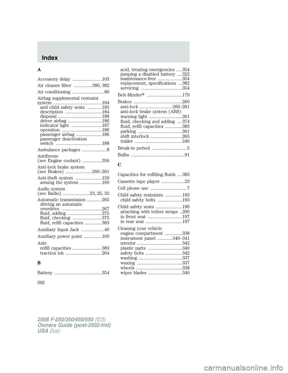 FORD F250 2008  Owners Manual A
Accessory delay ........................103
Air cleaner filter ...............380, 382
Air conditioning ..........................80
Airbag supplemental restraint
system ............................
