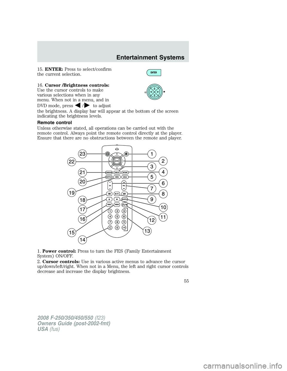 FORD F250 2008  Owners Manual 15.ENTER:Press to select/confirm
the current selection.
16.Cursor /Brightness controls:
Use the cursor controls to make
various selections when in any
menu. When not in a menu, and in
DVD mode, press
