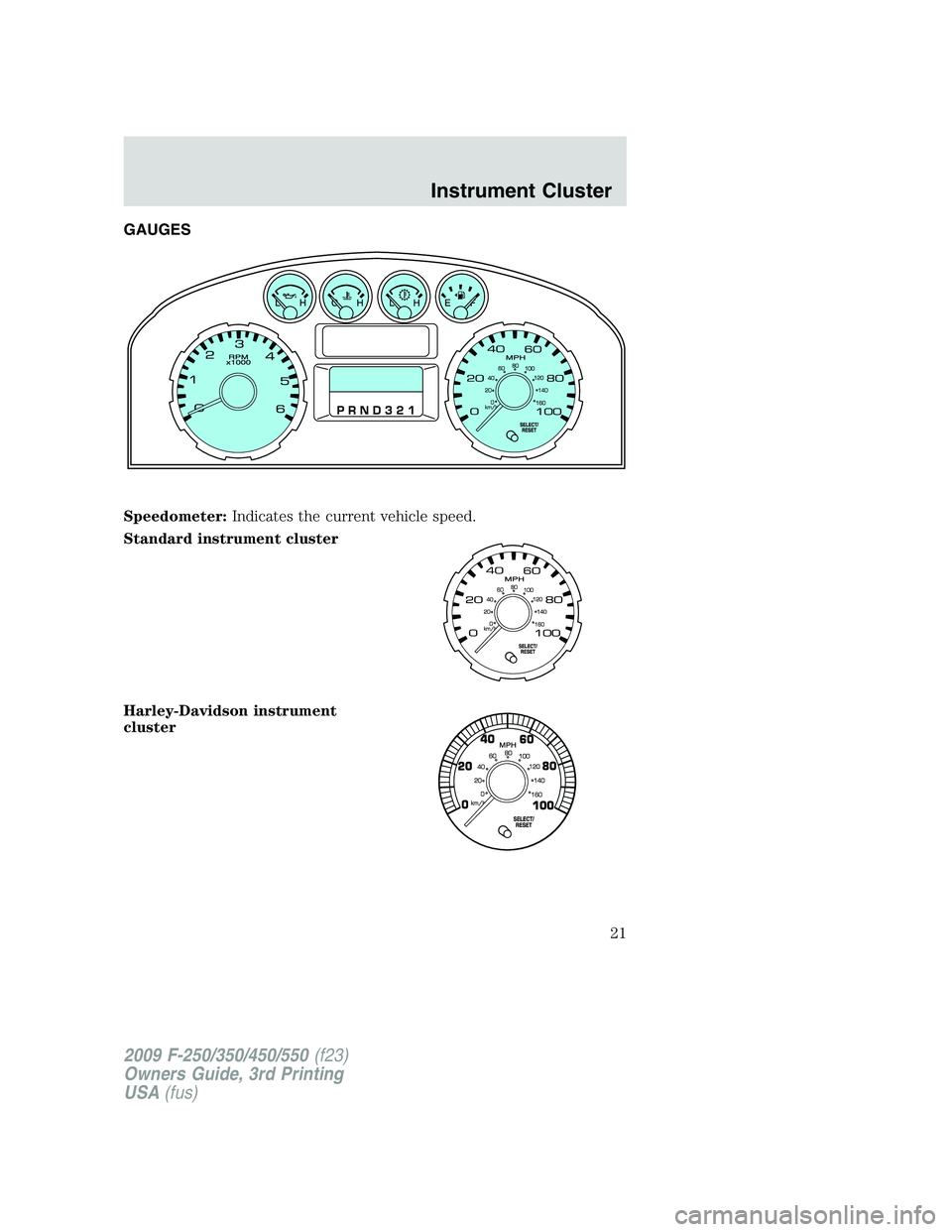 FORD F250 2009  Owners Manual GAUGES
Speedometer:Indicates the current vehicle speed.
Standard instrument cluster
Harley-Davidson instrument
cluster
2009 F-250/350/450/550(f23)
Owners Guide, 3rd Printing
USA(fus)
Instrument Cluste