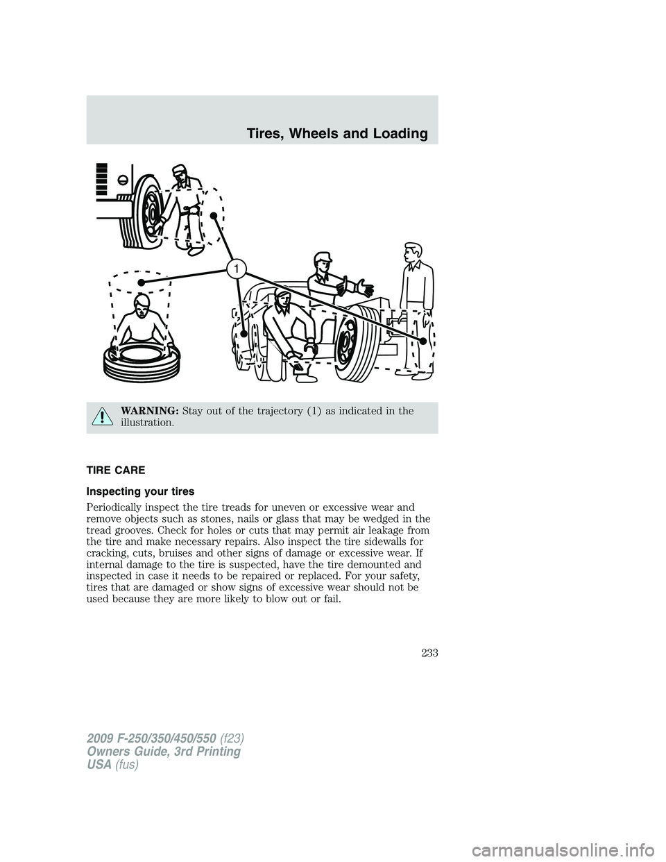 FORD F250 2009  Owners Manual WARNING:Stay out of the trajectory (1) as indicated in the
illustration.
TIRE CARE
Inspecting your tires
Periodically inspect the tire treads for uneven or excessive wear and
remove objects such as st