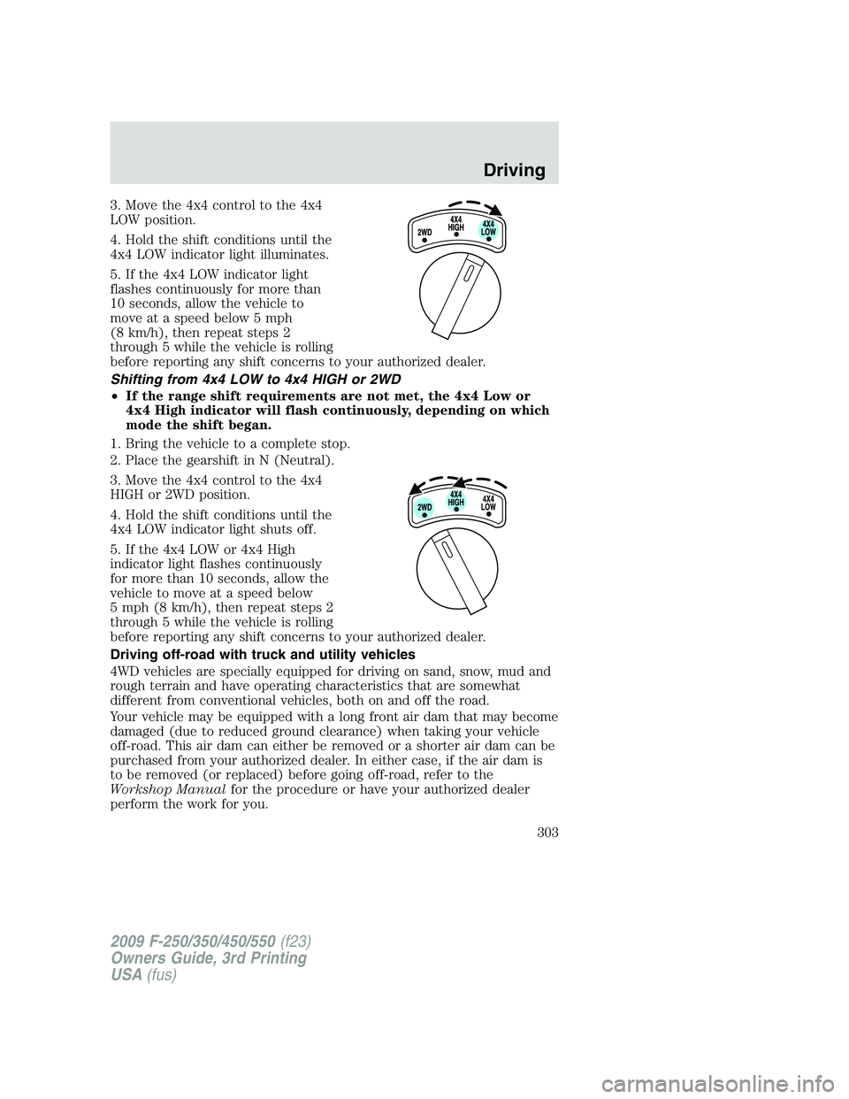 FORD F250 2009 Owners Manual 3. Move the 4x4 control to the 4x4
LOW position.
4. Hold the shift conditions until the
4x4 LOW indicator light illuminates.
5. If the 4x4 LOW indicator light
flashes continuously for more than
10 sec FORD F250 2009 Owners Manual 3. Move the 4x4 control to the 4x4
LOW position.
4. Hold the shift conditions until the
4x4 LOW indicator light illuminates.
5. If the 4x4 LOW indicator light
flashes continuously for more than
10 sec