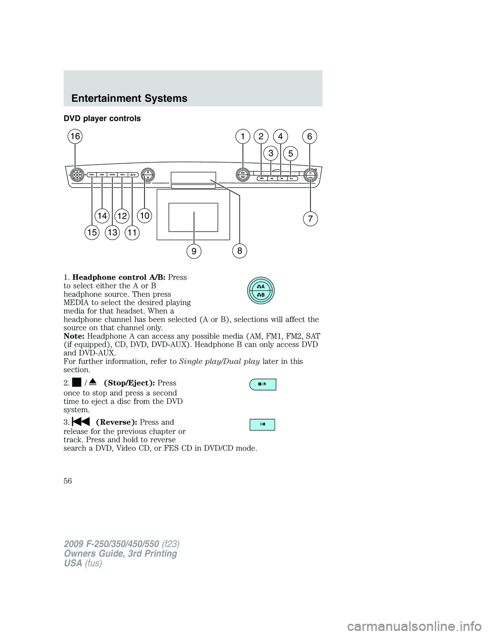 FORD F250 2009  Owners Manual DVD player controls
1.Headphone control A/B:Press
to select either the A or B
headphone source. Then press
MEDIA to select the desired playing
media for that headset. When a
headphone channel has been