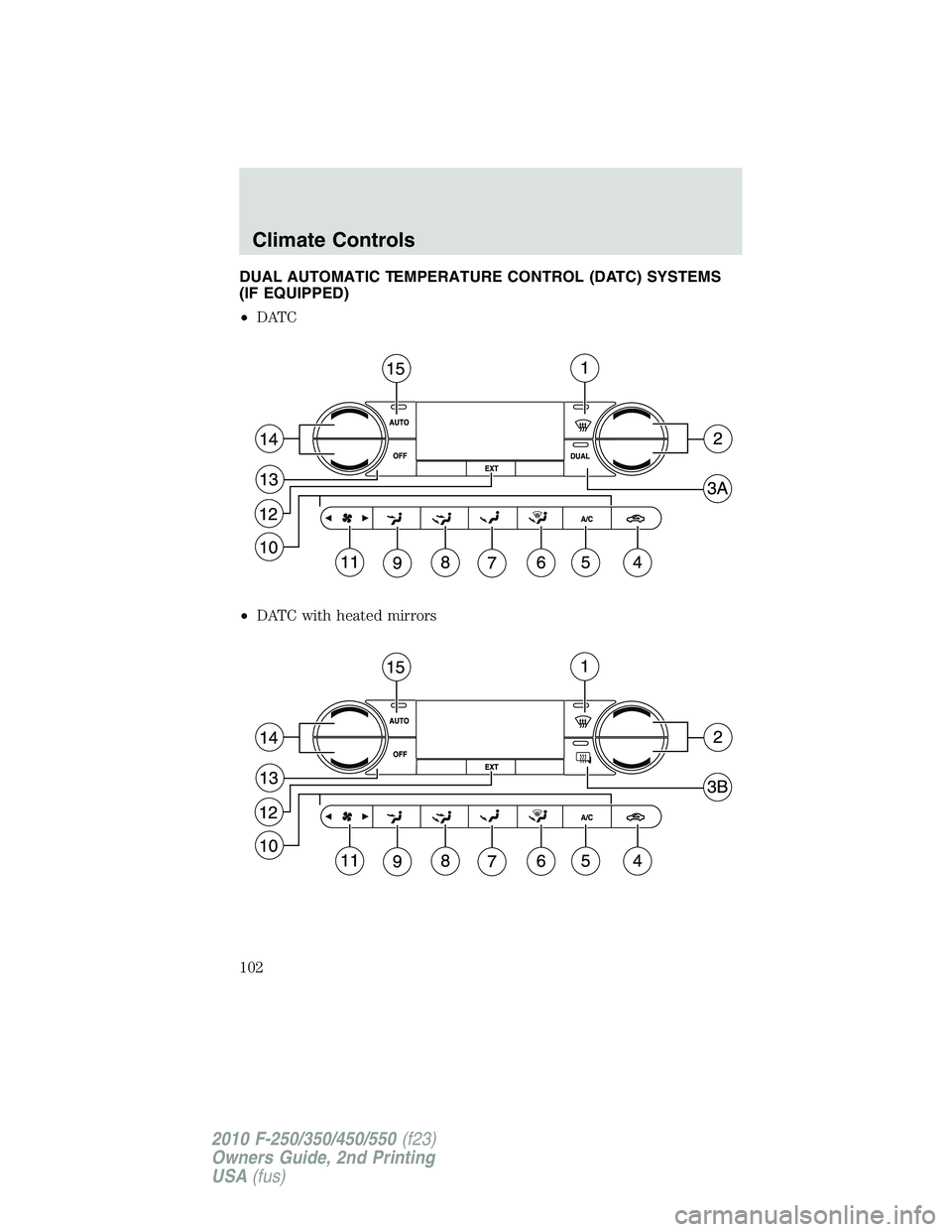 FORD F250 2010  Owners Manual DUAL AUTOMATIC TEMPERATURE CONTROL (DATC) SYSTEMS
(IF EQUIPPED)
•DATC
•DATC with heated mirrors
Climate Controls
102
2010 F-250/350/450/550(f23)
Owners Guide, 2nd Printing
USA(fus) 