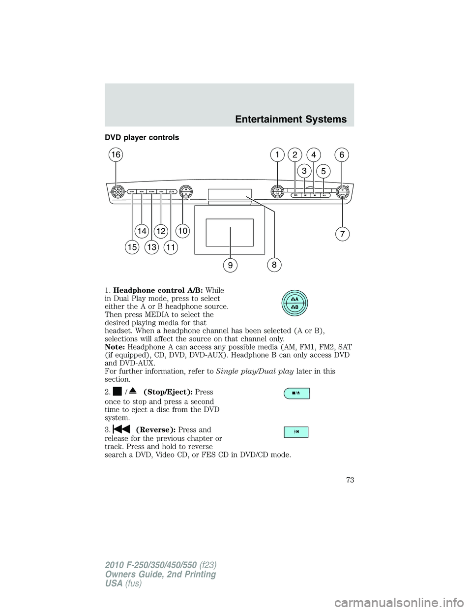 FORD F250 2010  Owners Manual DVD player controls
1.Headphone control A/B:While
in Dual Play mode, press to select
either the A or B headphone source.
Then press MEDIA to select the
desired playing media for that
headset. When a h