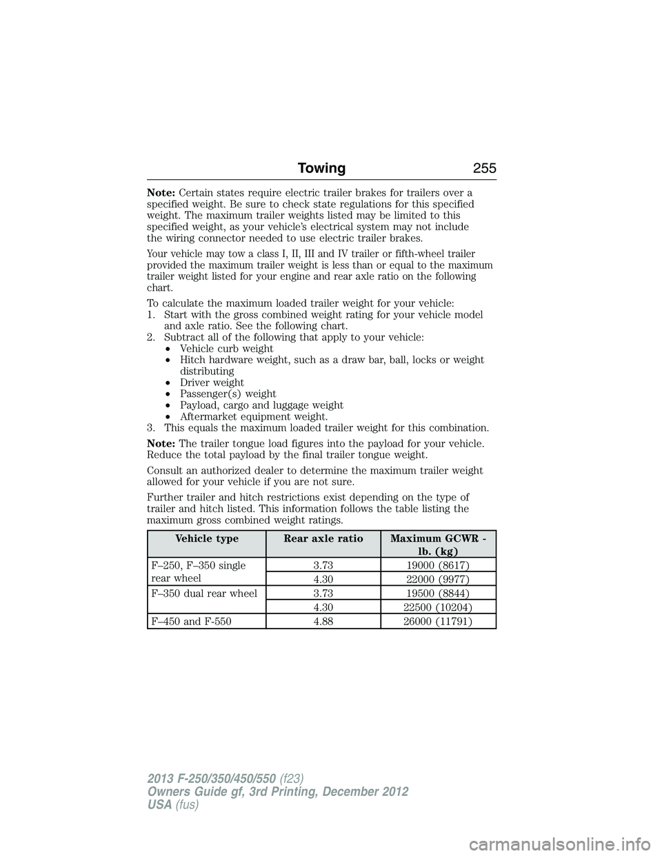 FORD F250 2013 Owners Manual Note:Certain states require electric trailer brakes for trailers over a
specified weight. Be sure to check state regulations for this specified
weight. The maximum trailer weights listed may be limite FORD F250 2013 Owners Manual Note:Certain states require electric trailer brakes for trailers over a
specified weight. Be sure to check state regulations for this specified
weight. The maximum trailer weights listed may be limite