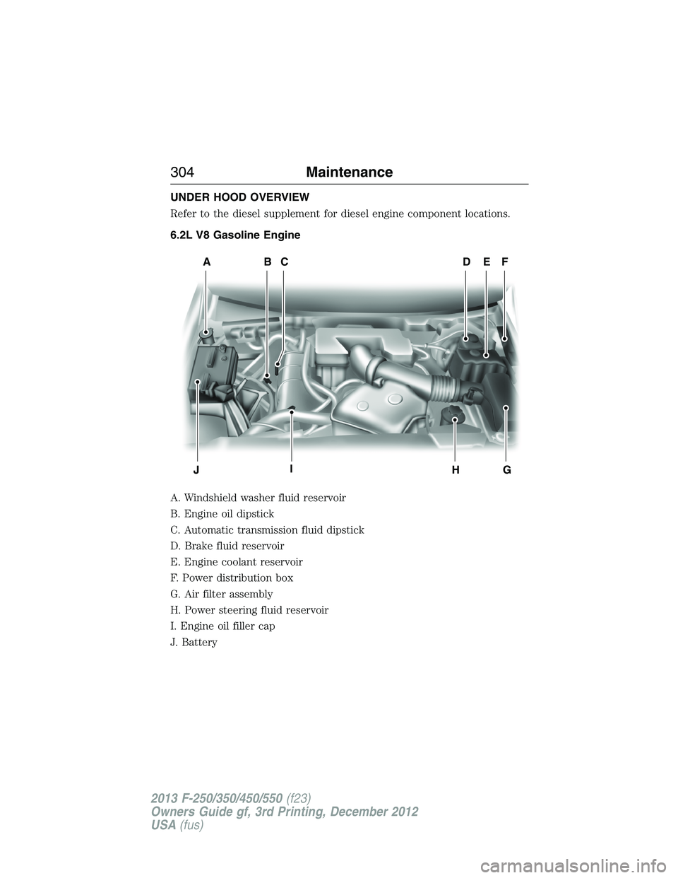 FORD F250 2013  Owners Manual UNDER HOOD OVERVIEW
Refer to the diesel supplement for diesel engine component locations.
6.2L V8 Gasoline Engine
A. Windshield washer fluid reservoir
B. Engine oil dipstick
C. Automatic transmission 