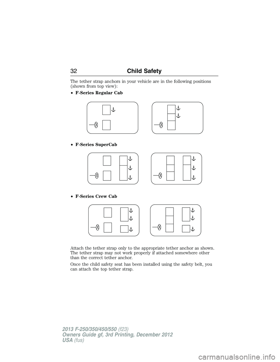 FORD F250 2013  Owners Manual The tether strap anchors in your vehicle are in the following positions
(shown from top view):
•F-Series Regular Cab
•F-Series SuperCab
•F-Series Crew Cab
Attach the tether strap only to the app