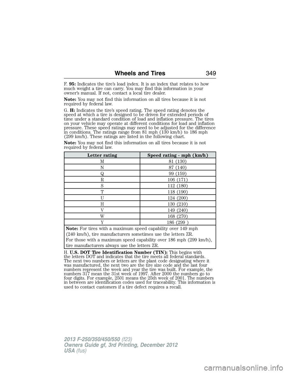 FORD F250 2013  Owners Manual F.95:Indicates the tire’s load index. It is an index that relates to how
much weight a tire can carry. You may find this information in your
owner’s manual. If not, contact a local tire dealer.
No