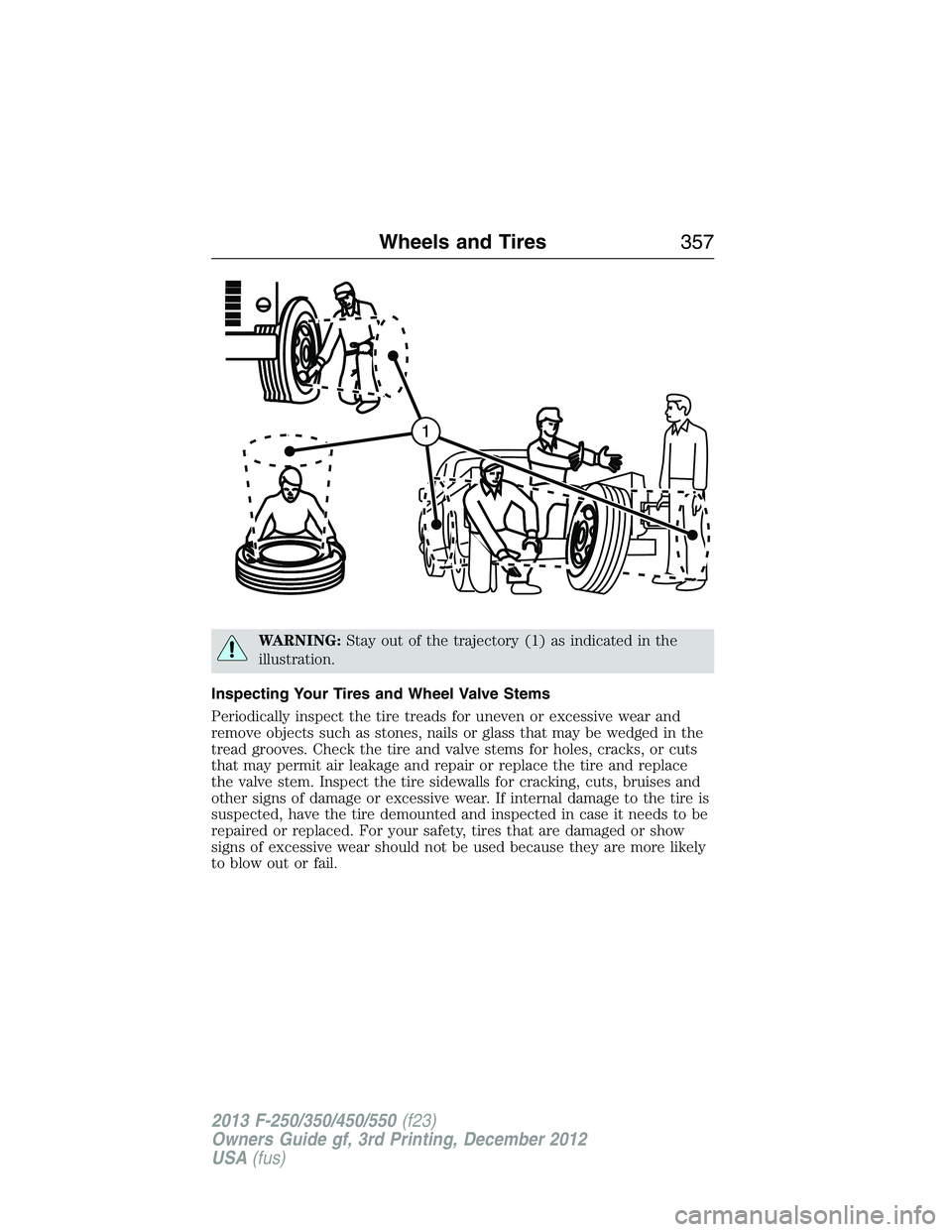 FORD F250 2013  Owners Manual WARNING:Stay out of the trajectory (1) as indicated in the
illustration.
Inspecting Your Tires and Wheel Valve Stems
Periodically inspect the tire treads for uneven or excessive wear and
remove object