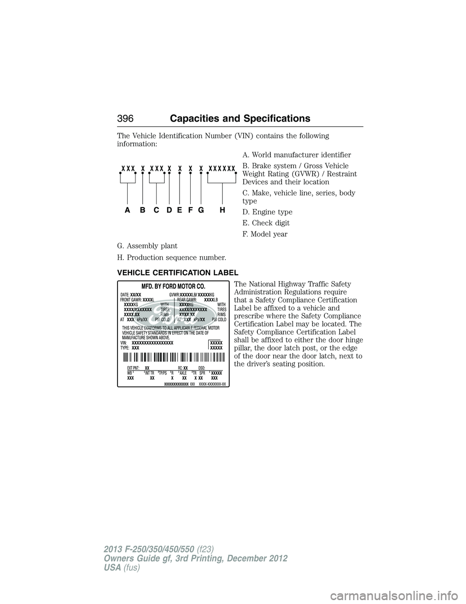 FORD F250 2013  Owners Manual The Vehicle Identification Number (VIN) contains the following
information:
A. World manufacturer identifier
B. Brake system / Gross Vehicle
Weight Rating (GVWR) / Restraint
Devices and their location