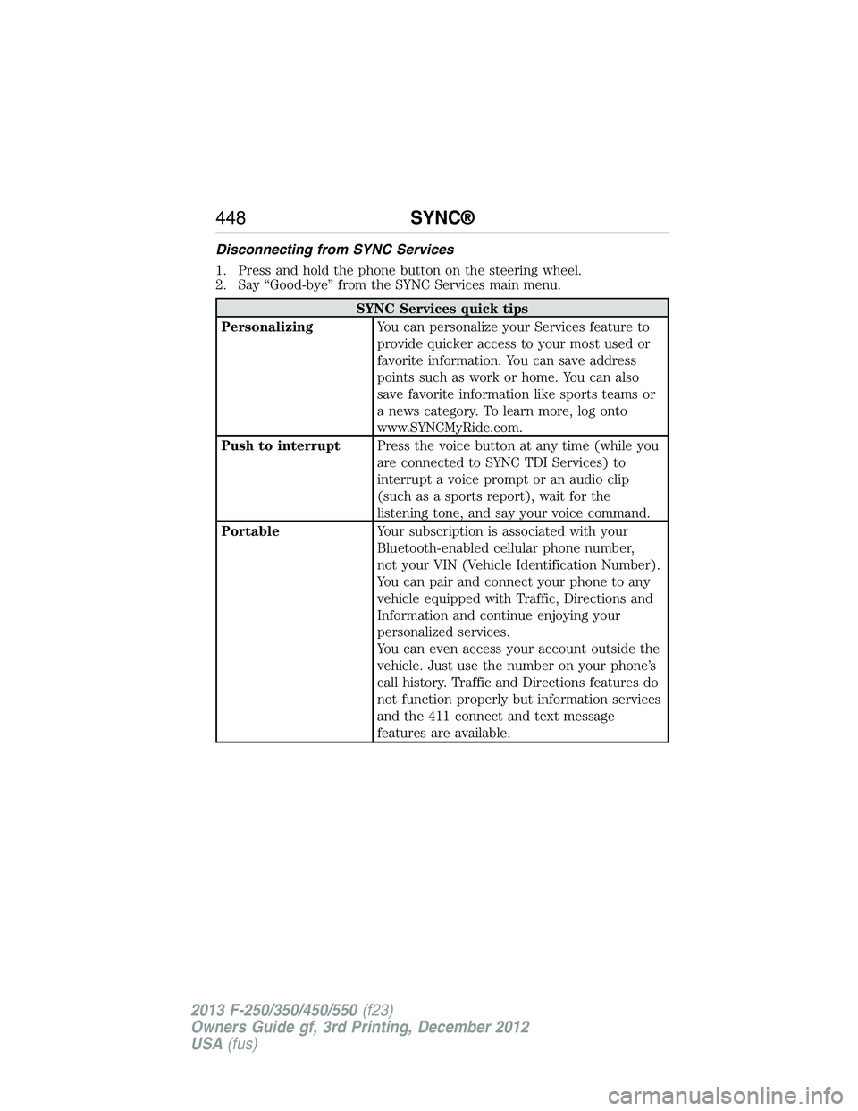 FORD F250 2013  Owners Manual Disconnecting from SYNC Services
1. Press and hold the phone button on the steering wheel.
2. Say “Good-bye” from the SYNC Services main menu.
SYNC Services quick tips
PersonalizingYou can persona