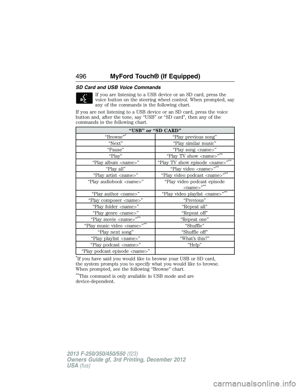 FORD F250 2013  Owners Manual SD Card and USB Voice Commands
If you are listening to a USB device or an SD card, press the
voice button on the steering wheel control. When prompted, say
any of the commands in the following chart.
