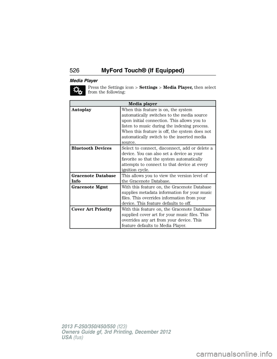 FORD F250 2013  Owners Manual Media Player
Press the Settings icon >Settings>Media Player,then select
from the following:
Media player
AutoplayWhen this feature is on, the system
automatically switches to the media source
upon ini