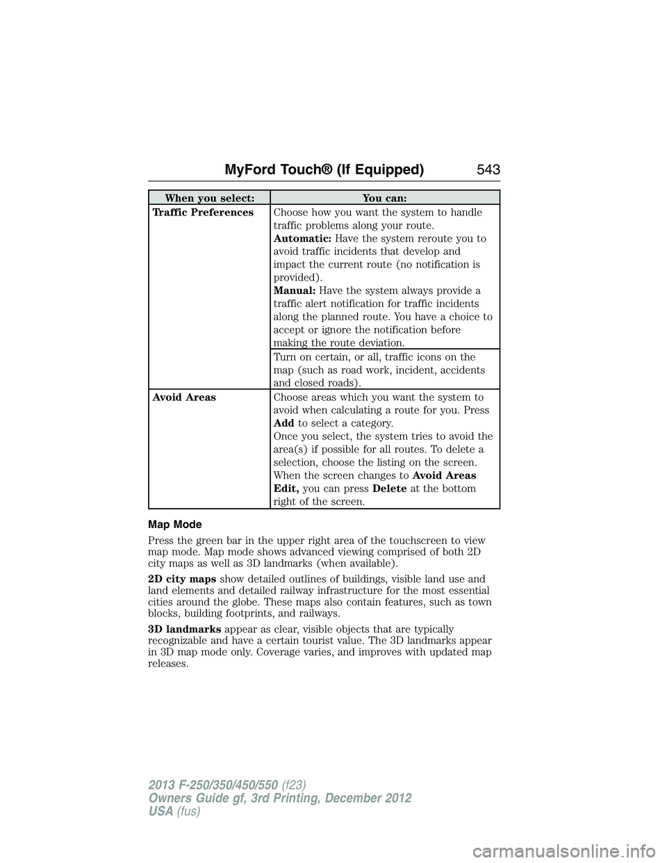 FORD F250 2013 Owners Manual When you select: You can:
Traffic PreferencesChoose how you want the system to handle
traffic problems along your route.
Automatic:Have the system reroute you to
avoid traffic incidents that develop a FORD F250 2013 Owners Manual When you select: You can:
Traffic PreferencesChoose how you want the system to handle
traffic problems along your route.
Automatic:Have the system reroute you to
avoid traffic incidents that develop a