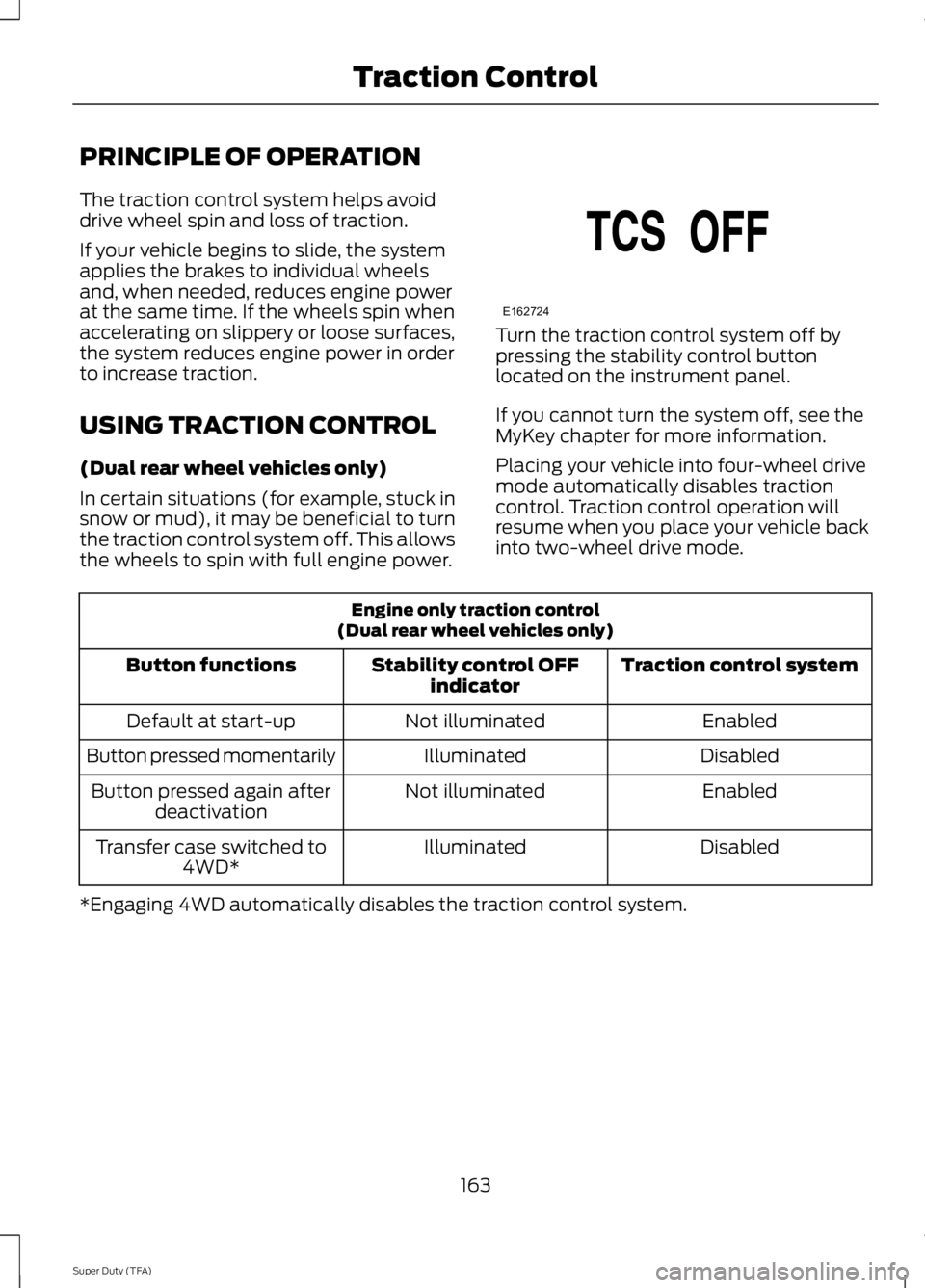 FORD F250 2014  Owners Manual PRINCIPLE OF OPERATION
The traction control system helps avoid
drive wheel spin and loss of traction.
If your vehicle begins to slide, the system
applies the brakes to individual wheels
and, when need
