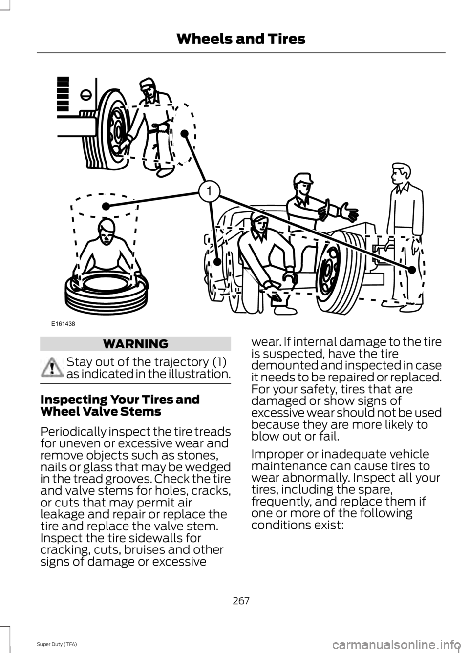 FORD F250 2014  Owners Manual WARNING
Stay out of the trajectory (1)
as indicated in the illustration.
Inspecting Your Tires and
Wheel Valve Stems
Periodically inspect the tire treads
for uneven or excessive wear and
remove object