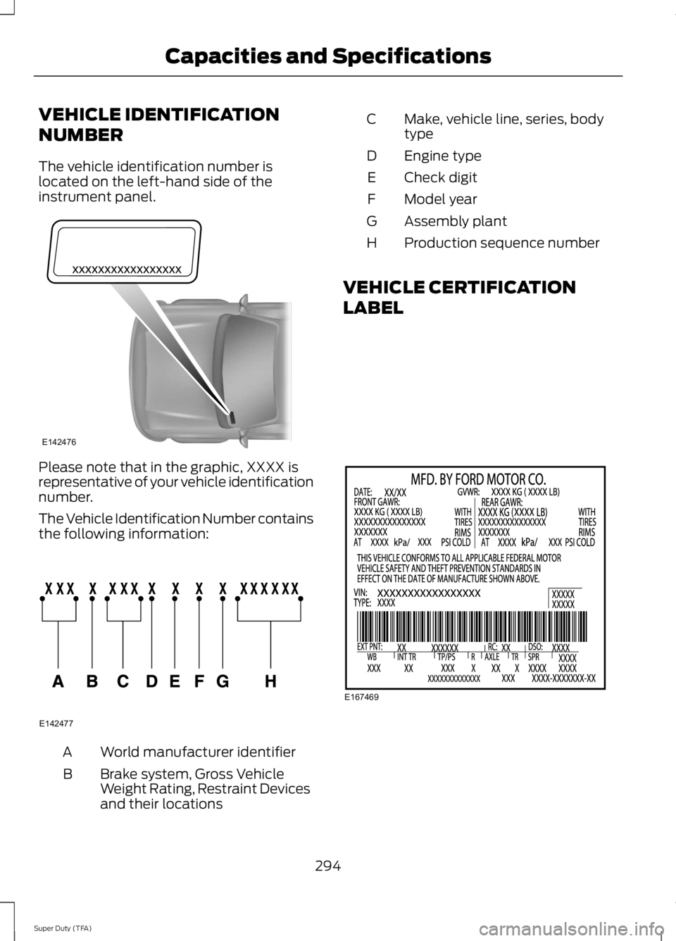 FORD F250 2014  Owners Manual VEHICLE IDENTIFICATION
NUMBER
The vehicle identification number is
located on the left-hand side of the
instrument panel.
Please note that in the graphic, XXXX is
representative of your vehicle identi