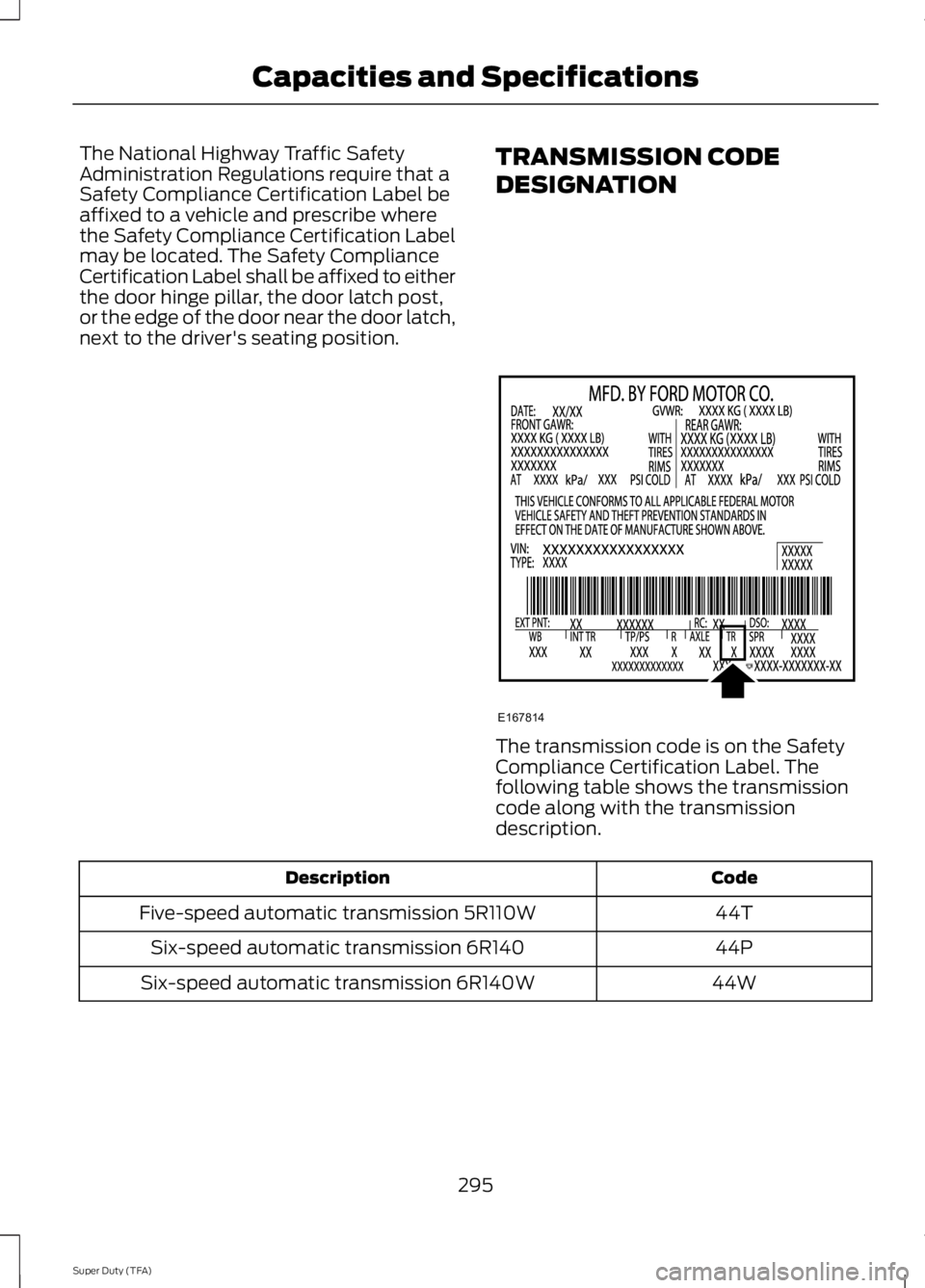 FORD F250 2014  Owners Manual The National Highway Traffic Safety
Administration Regulations require that a
Safety Compliance Certification Label be
affixed to a vehicle and prescribe where
the Safety Compliance Certification Labe