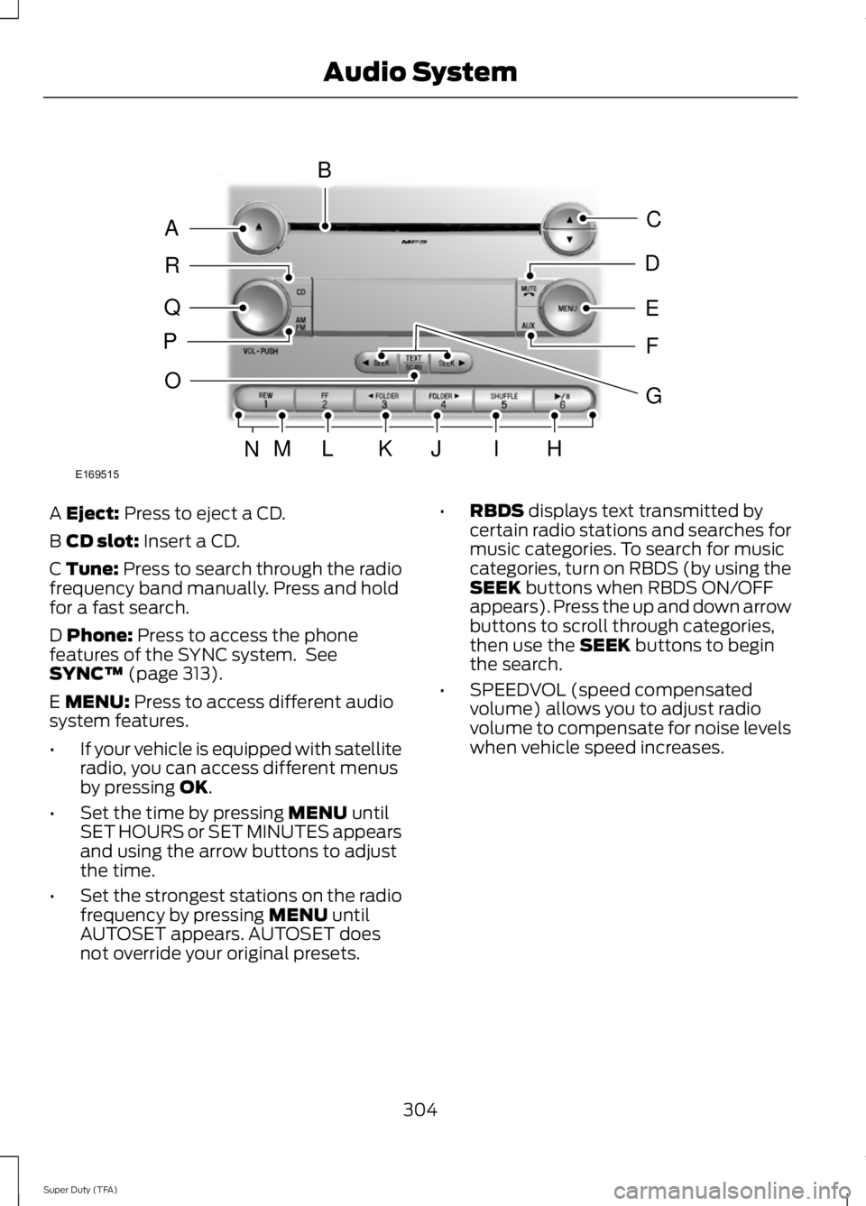 FORD F250 2014  Owners Manual A Eject: Press to eject a CD.
B 
CD slot: Insert a CD.
C Tune: Press to search through the radio
frequency band manually. Press and hold
for a fast search.
D 
Phone: Press to access the phone
features