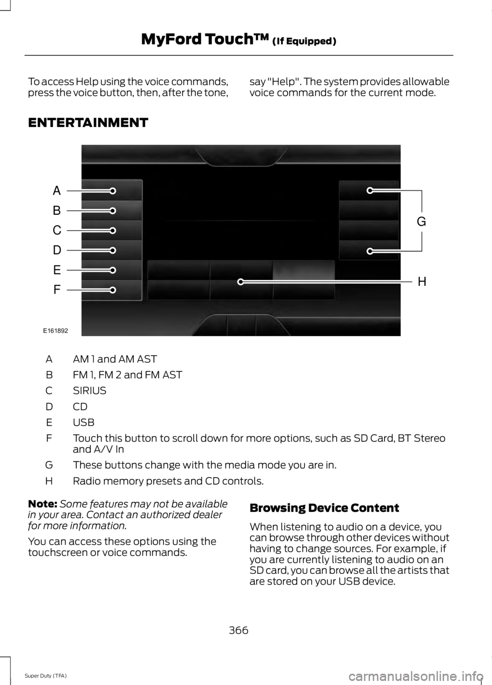 FORD F250 2014  Owners Manual To access Help using the voice commands,
press the voice button, then, after the tone,
say "Help". The system provides allowable
voice commands for the current mode.
ENTERTAINMENT AM 1 and AM 