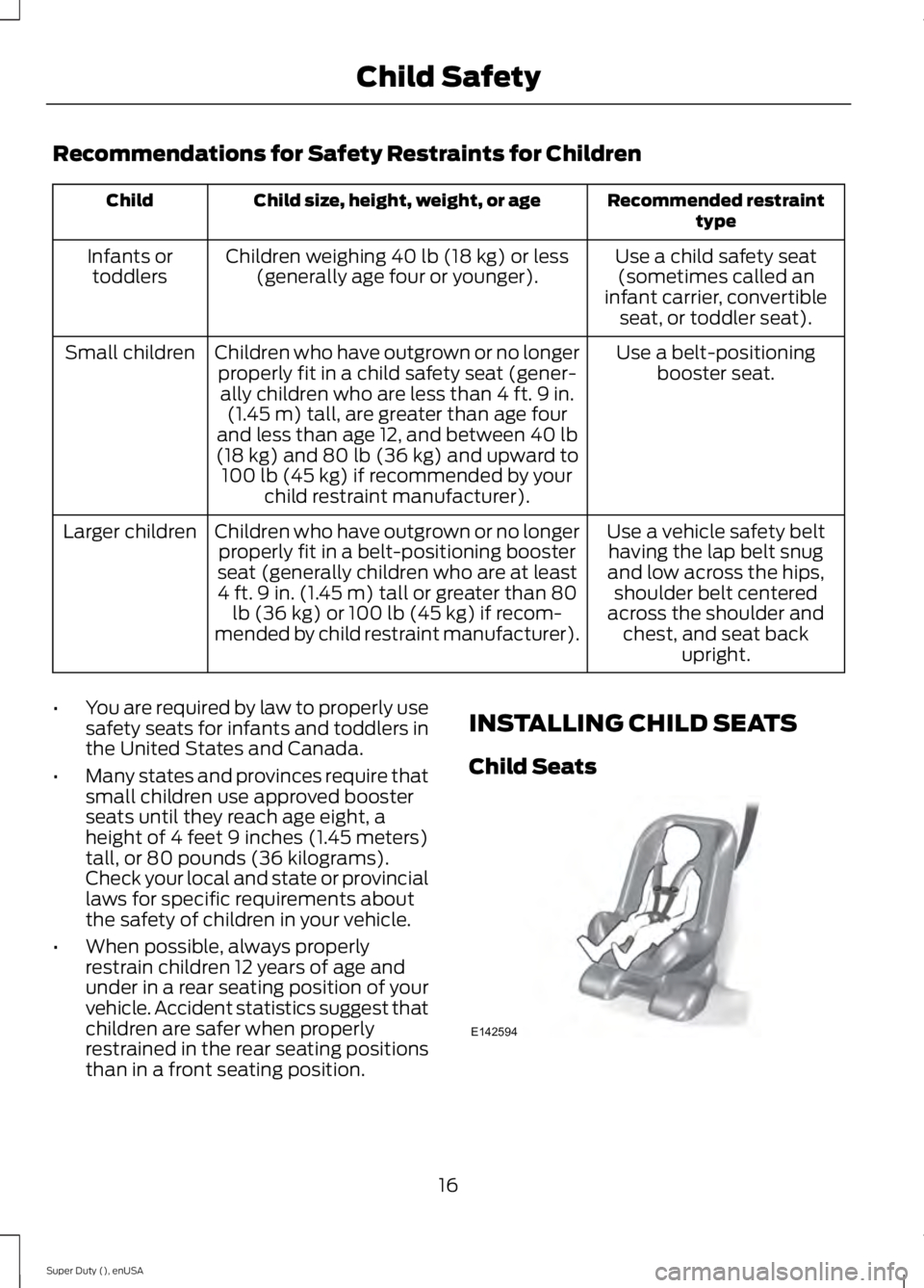 FORD F250 2015 Owners Manual Recommendations for Safety Restraints for Children
Recommended restraint
type
Child size, height, weight, or age
Child
Use a child safety seat(sometimes called an
infant carrier, convertible seat, or FORD F250 2015 Owners Manual Recommendations for Safety Restraints for Children
Recommended restraint
type
Child size, height, weight, or age
Child
Use a child safety seat(sometimes called an
infant carrier, convertible seat, or