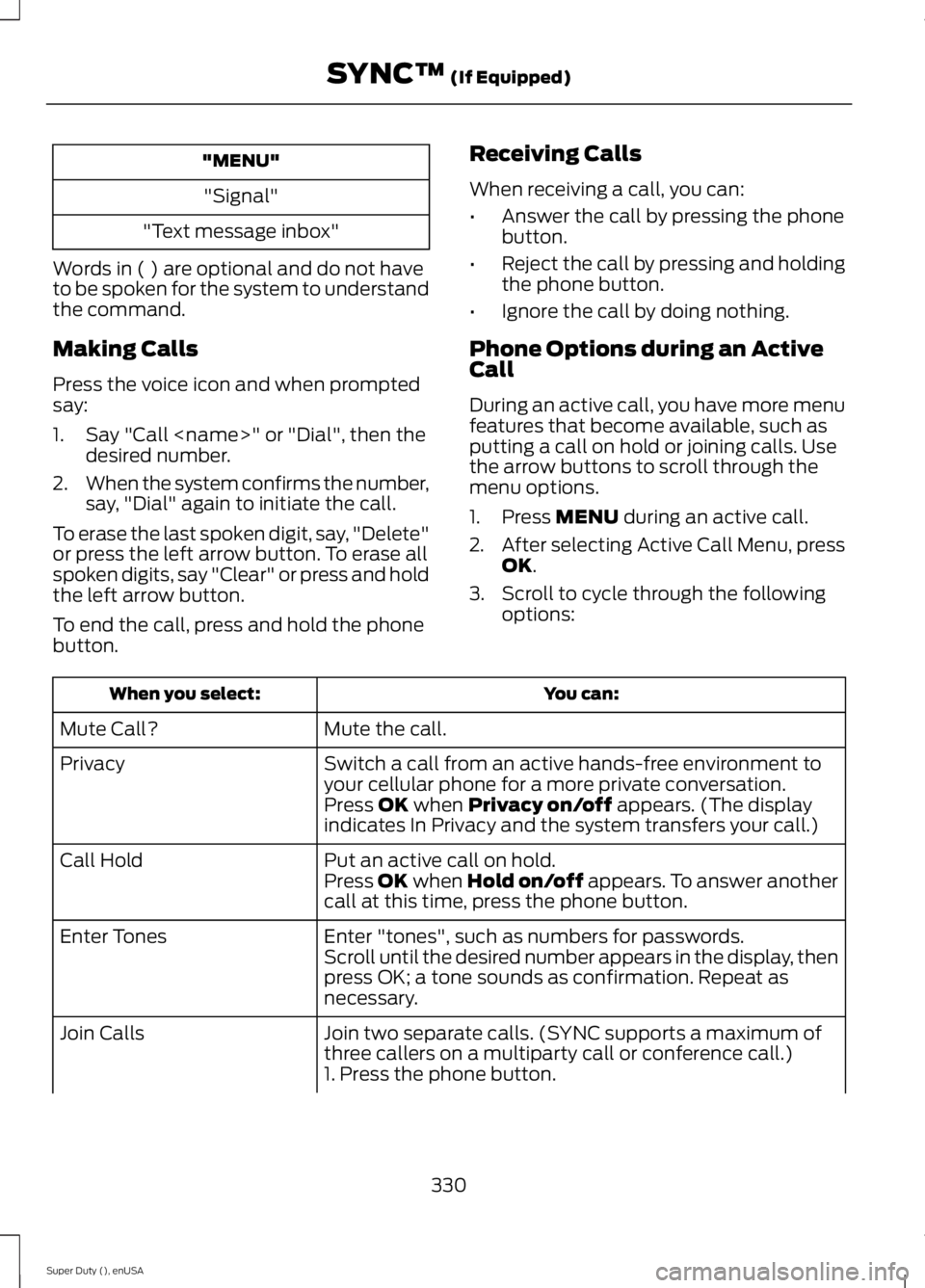 FORD F250 2015 Owners Manual "MENU"
"Signal"
"Text message inbox"
Words in ( ) are optional and do not have
to be spoken for the system to understand
the command.
Making Calls
Press the voice icon and when FORD F250 2015 Owners Manual "MENU"
"Signal"
"Text message inbox"
Words in ( ) are optional and do not have
to be spoken for the system to understand
the command.
Making Calls
Press the voice icon and when