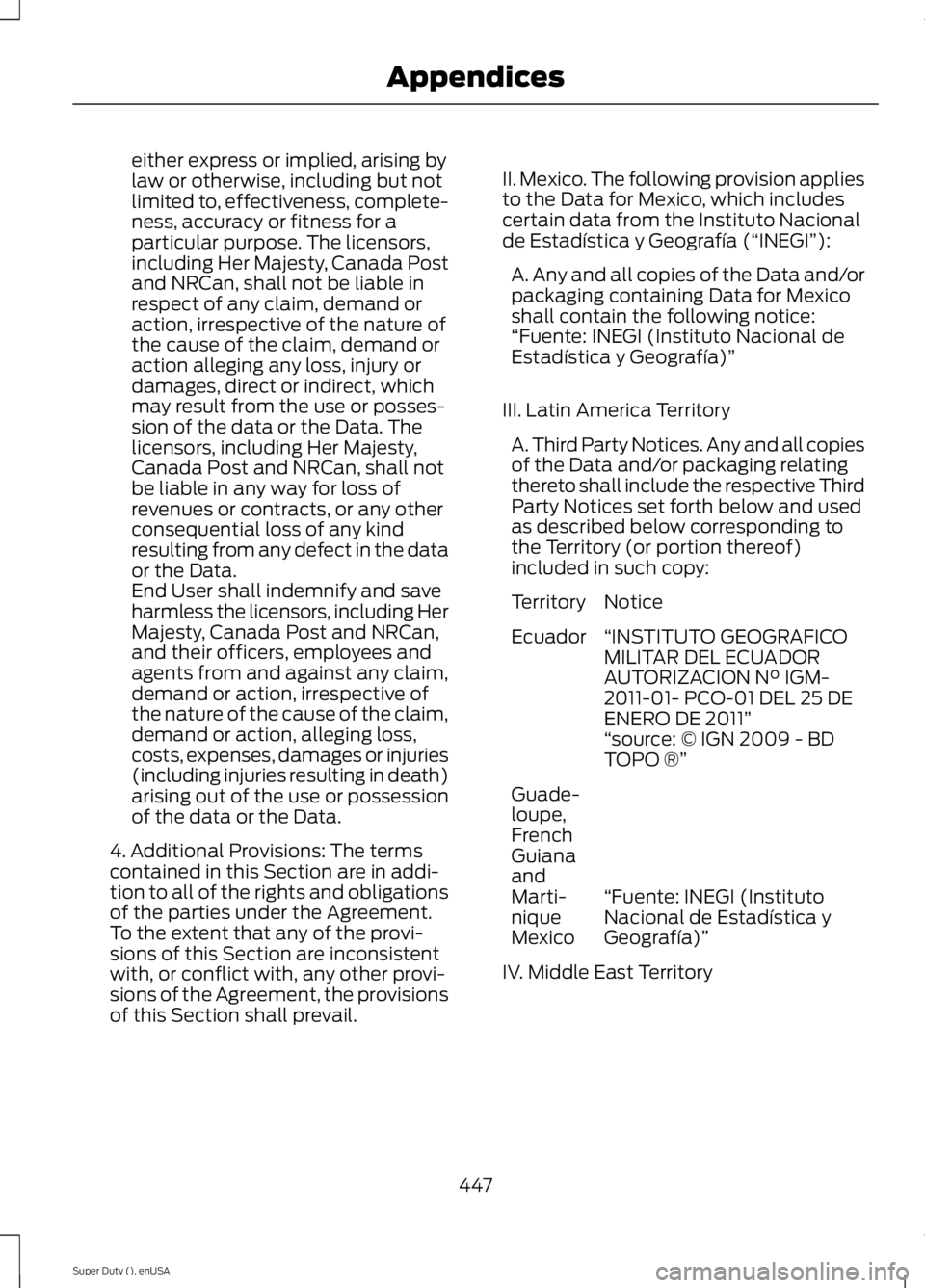 FORD F250 2015 Owners Manual either express or implied, arising by
law or otherwise, including but not
limited to, effectiveness, complete-
ness, accuracy or fitness for a
particular purpose. The licensors,
including Her Majesty, FORD F250 2015 Owners Manual either express or implied, arising by
law or otherwise, including but not
limited to, effectiveness, complete-
ness, accuracy or fitness for a
particular purpose. The licensors,
including Her Majesty,